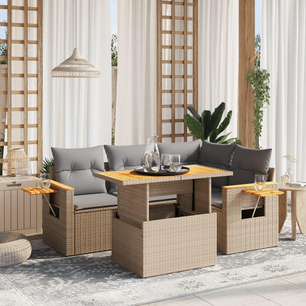 vidaXL Garten Sofagarnitur mit Kissen 5-TLG., Gartenmöbel Gartengarnitur, Sitzgruppe Sitzgarnitur, Lounge Sofa Garnitur Terrasse, Beige Poly Rattan