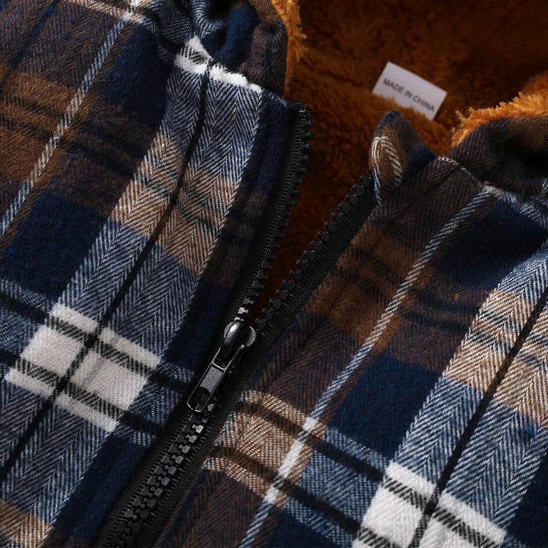 Toddler Boys Plaid Fleece Lined Hooded Jacket Zip Up Winter Coat