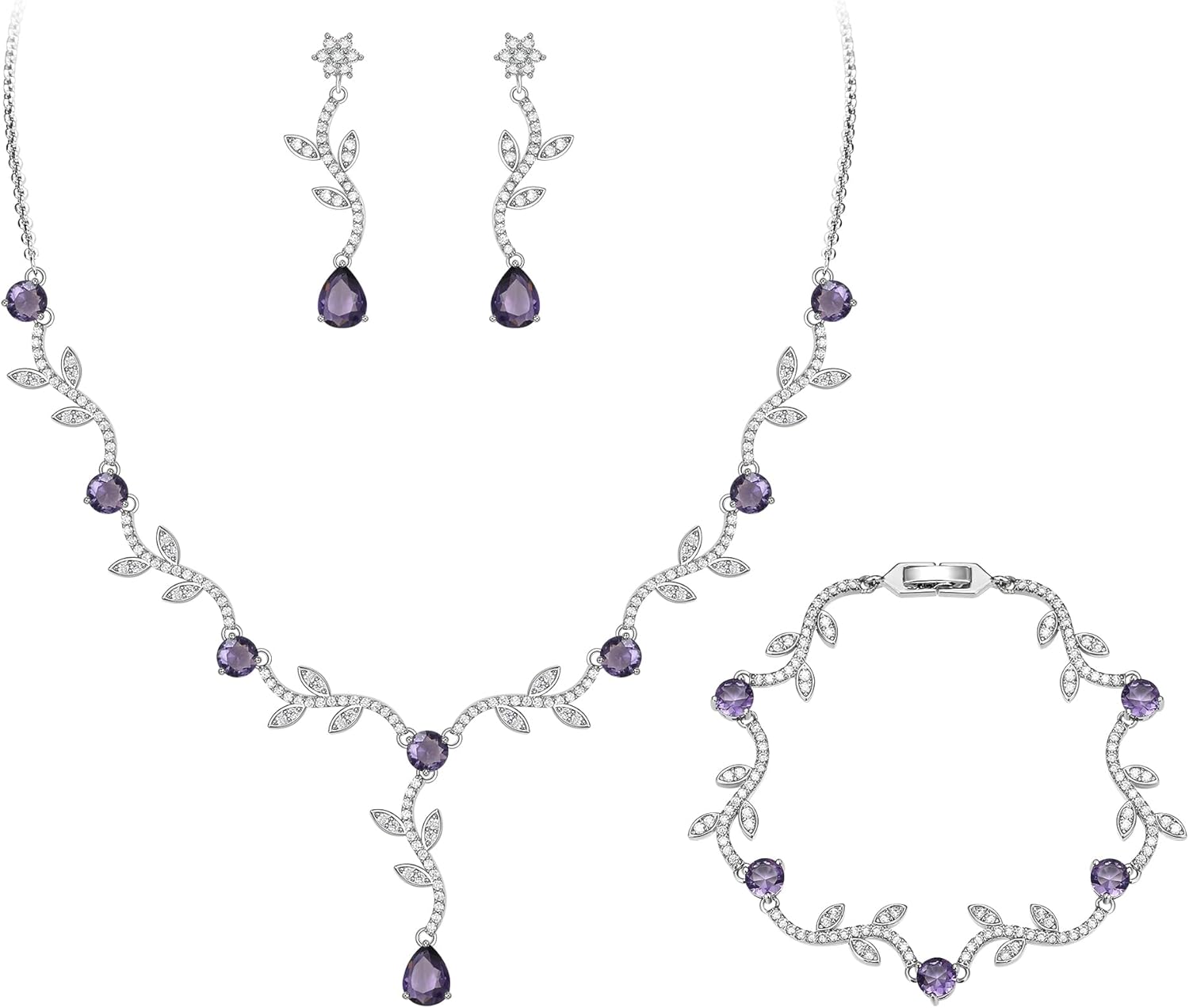 Crysdue Wedding Vine Jewelry Set for Brides Bridesmaid, Cubic Zirconia Elegance Teardrop Necklace Bracelet Dangle Earrings for Wedding Prom Party, Leaves Bridal Jewelry