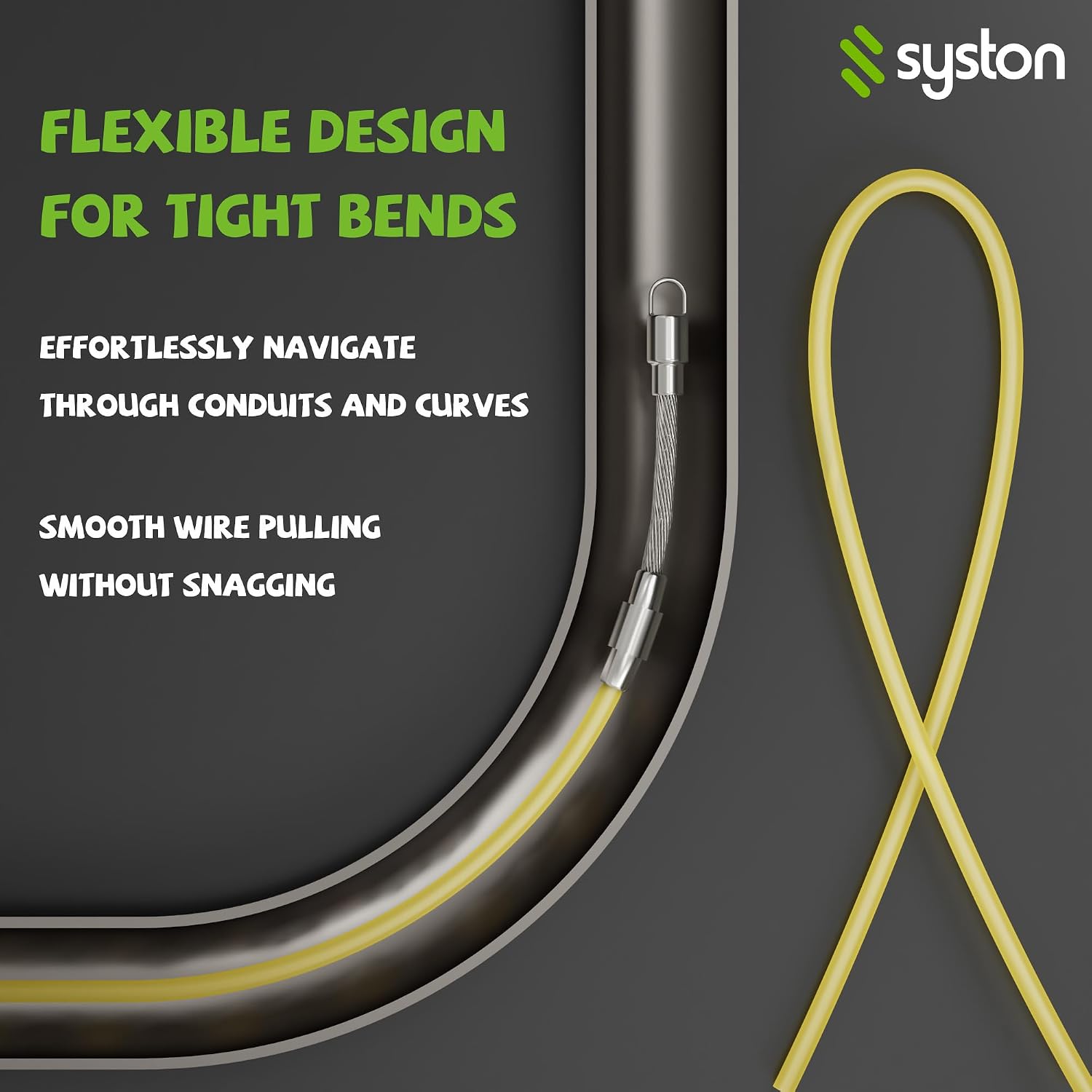 SYSTON Fish Tape Steel Wire Puller 100 ft - Easy to Use Cable Puller Tool with Double Loop Tip - Flexible Wire Fishing Tools for Walls and Electrical Conduit - 1/8 Steel Fish Tape Durable Housing