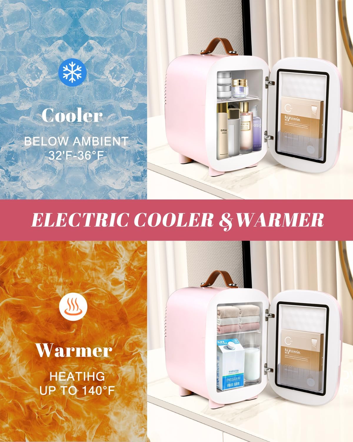 Mini Fridge for Bedroom, 4 Liter/6 Can Skincare Fridge With LED Mirror,12v AC/DC Cooler & Warmer Portable Small Refrigerator for Drinks, Makeup, Dorm, Office and Car(Pink)