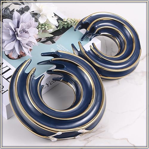 Miniatura 5 de Juego de 2 jarrones redondos de cerámica para decoración del hogar (línea dorada, azul dorado)