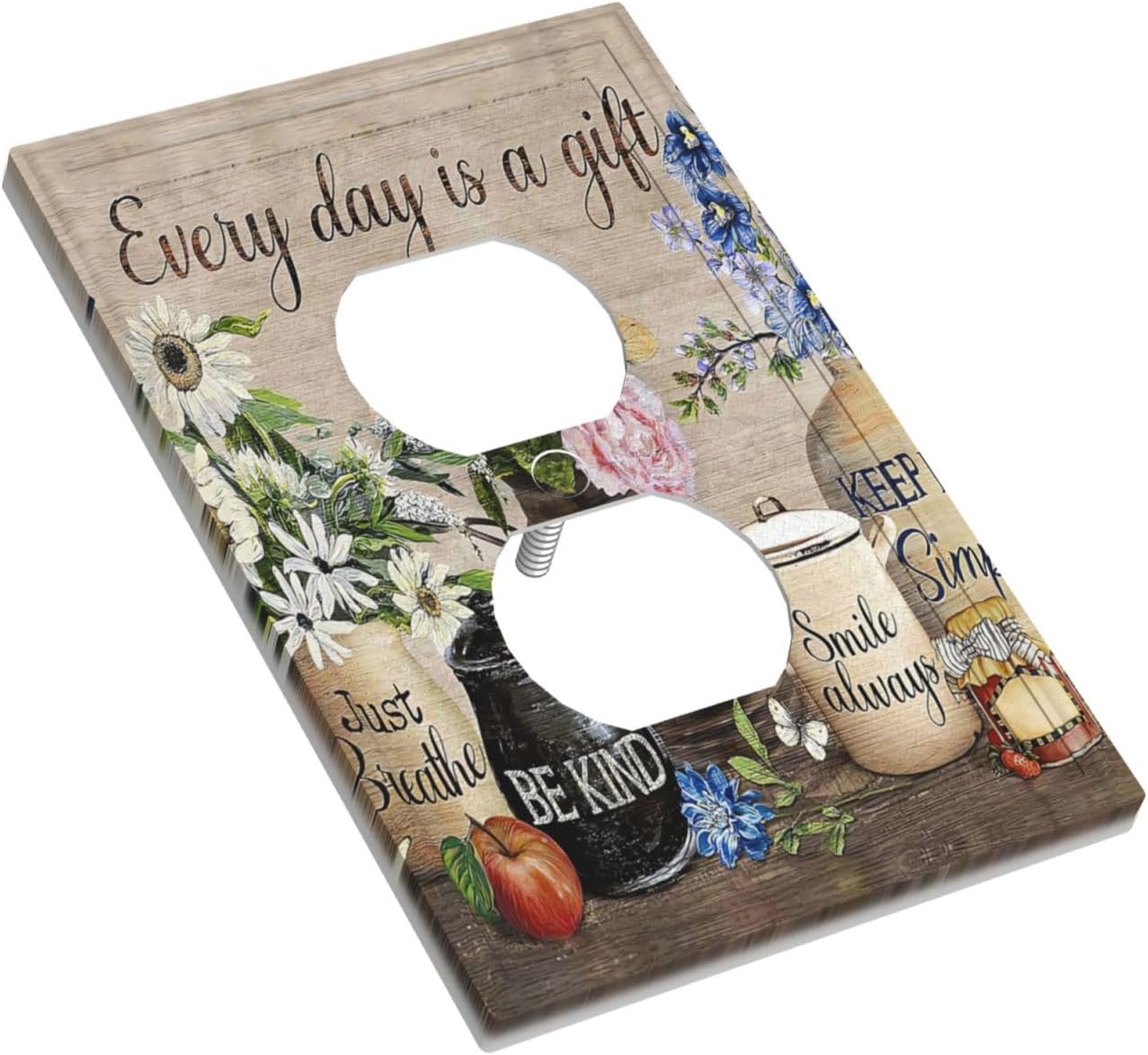 Rustic Floral Butterfly Wood Print Decorative Outlet Covers Light Switch Covers Electrical Vintage Farmhouse Flower Wall Plate Faceplate for Bedroom Bathroom Living Room Home