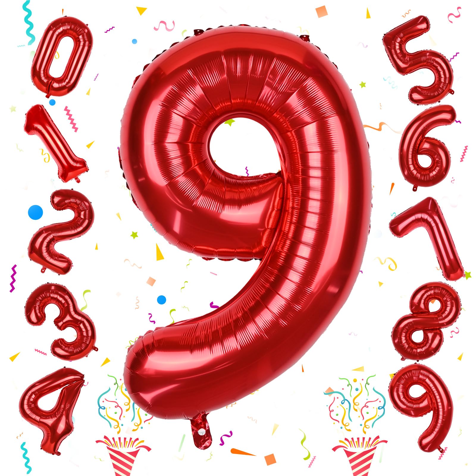 40 Inch Number 9 Balloons for Girls, Red Giant 9th Birthday Party Number Balloons 0-9 Set Decorations for Women Men Anniversary Celebration Graduation