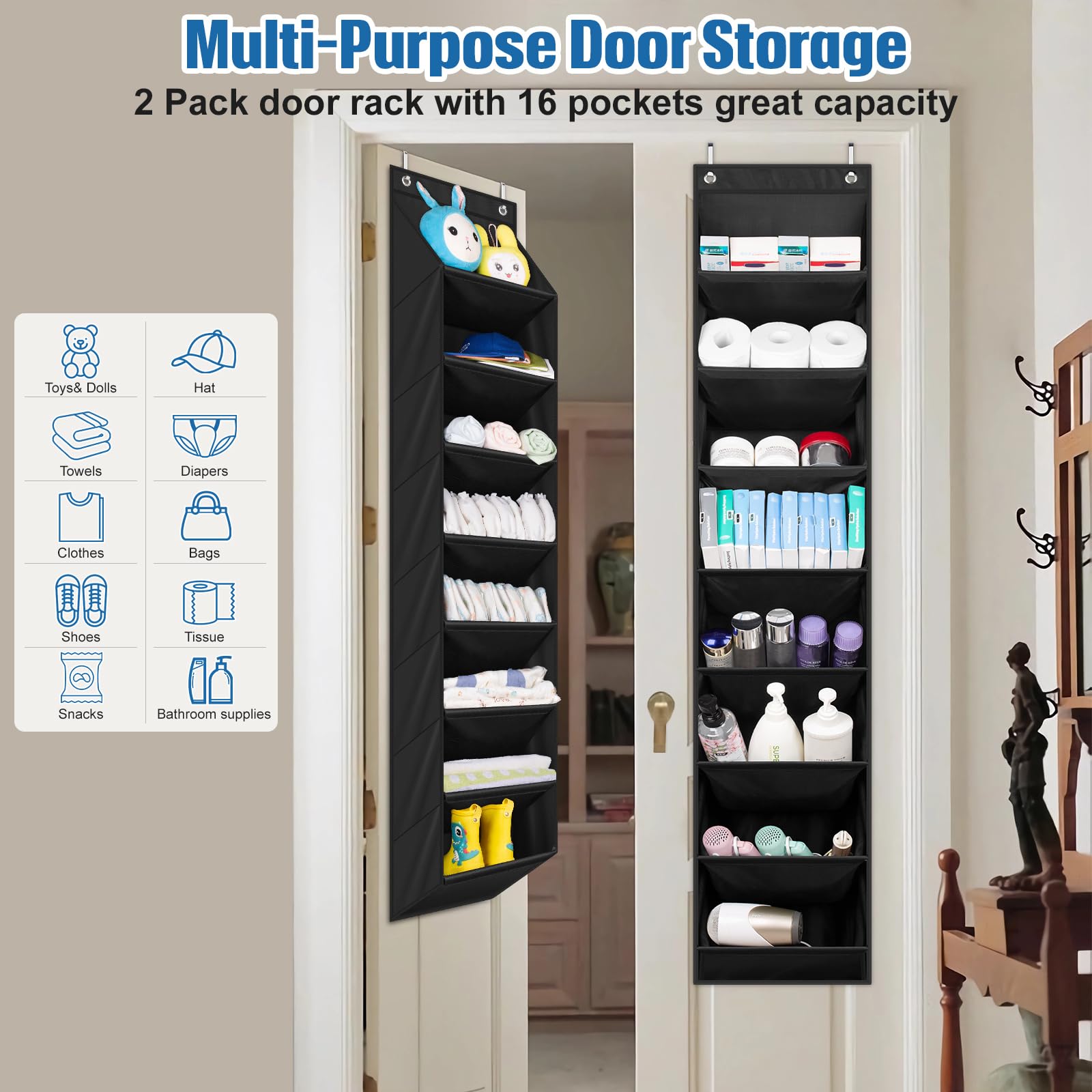 SLEEPING LAMB Paquete de 2 organizadores de zapatos estrechos sobre la puerta con 8 bolsillos grandes profundos, zapatero colgante para almacenamiento en puerta de armario para botas, tenis (negro)