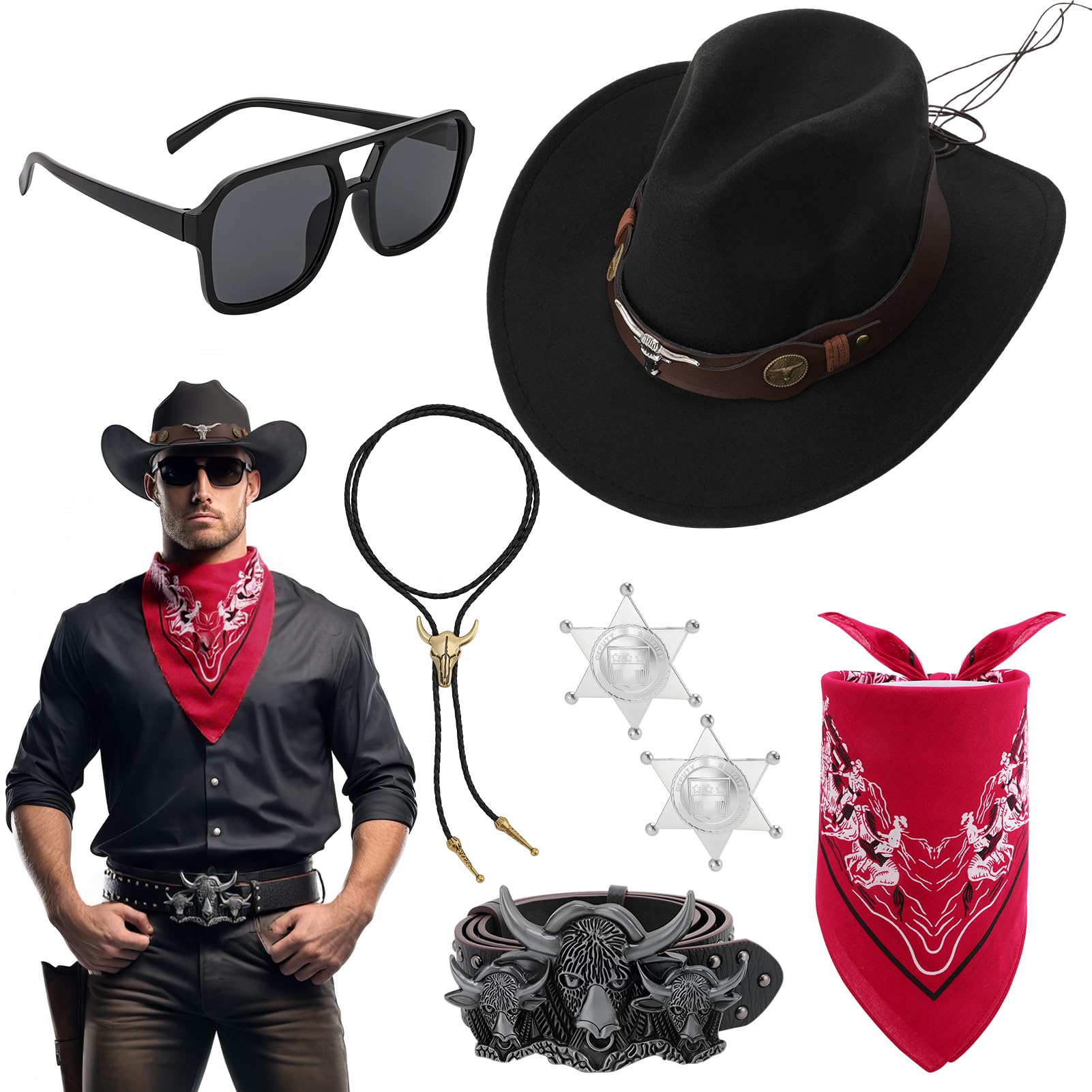 GSrenyu 7 Pcs Cowboy Outfit, Cowboy Accessories with Cow boy Hat, Belt, Neckerchief, Necklace, Sheriff Badge, Sunglasses for Men Fancy Dress up, Carnival, Cosplay, Hippie Disco Party