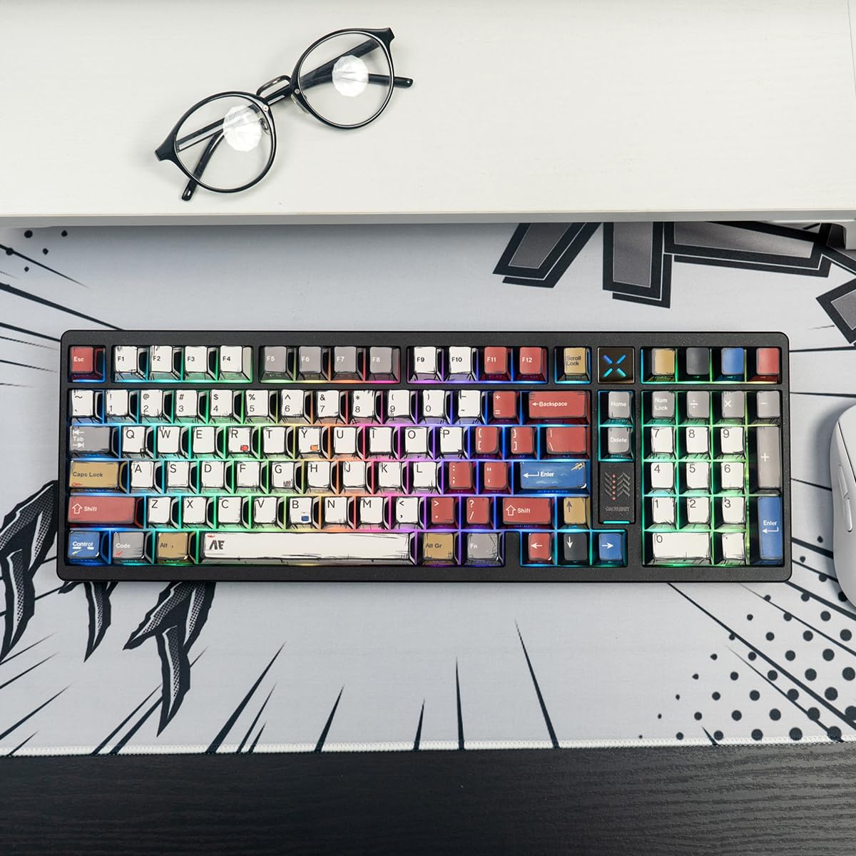 Japanese Manga Keycaps, PBT Side Printed Keycaps, Retro Custom Cherry Profile Keycap Set, 128 Keys Cool Anime Key Caps for 60%, 65%, 75%, 100% Cherry MX Switches Mechanical Keyboard