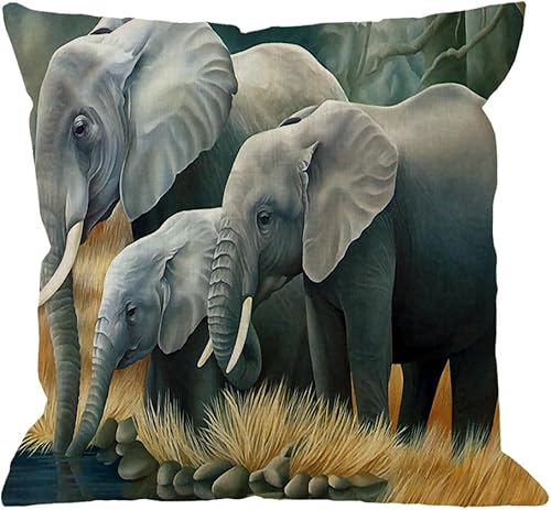 HGOD DESIGNS Funda de almohada de elefante, funda de cojín de lino y algodón con elefantes africanos, cuadrada, estándar, decorativa para el hogar