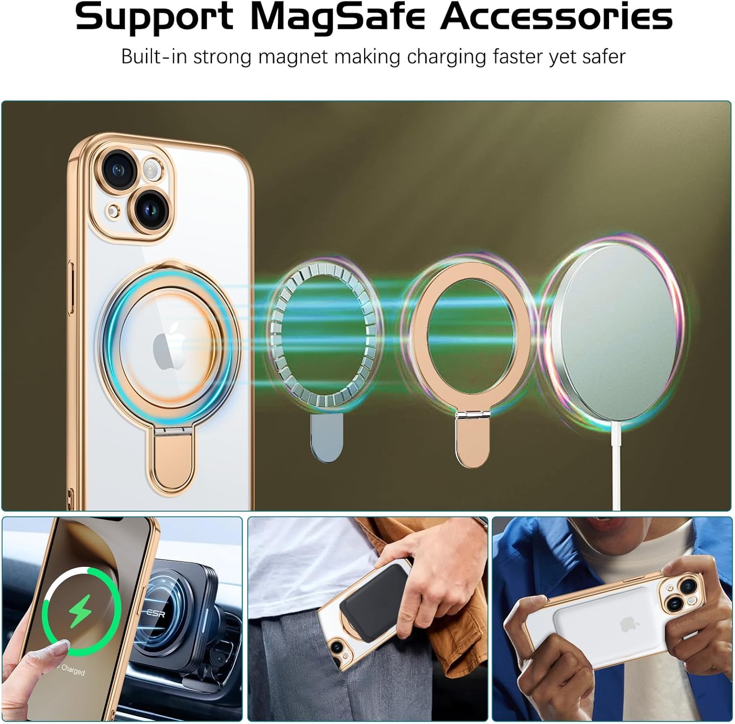 GUAGUA for iPhone 13 Case with Stand, Magnetic Clear Cases Plating Edge Invisible Ring Holder Slim Shockproof Protective Kickstand Phone Case for iPhone 13 6.1'', Desert Titanium Gold - Image 3