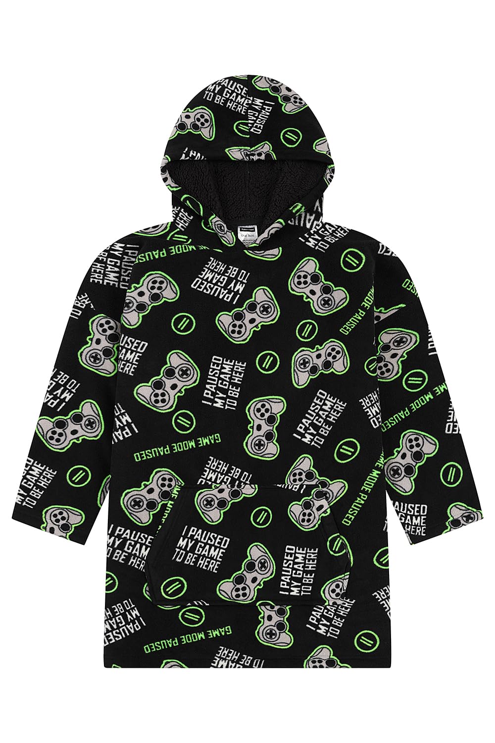 ThePyjamaFactory Boys I Paused My Game To Be Here Fully Lined Luxury Gaming Fleece Hoodie, Oversized Fleece Blanket Hoody For Kids Black