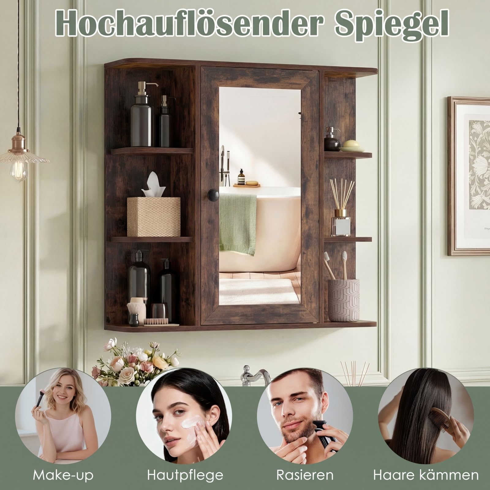COSTWAY Spiegelschrank Bad, Badezimmerschrank mit Spiegel, Badschrank mit 3 Innenablagen & 6 offenen Fächern, Einbau- oder Aufputz-Wandschrank mit Einzeltür, 66 x 16,5 x 63 cm (Rustikales Braun)