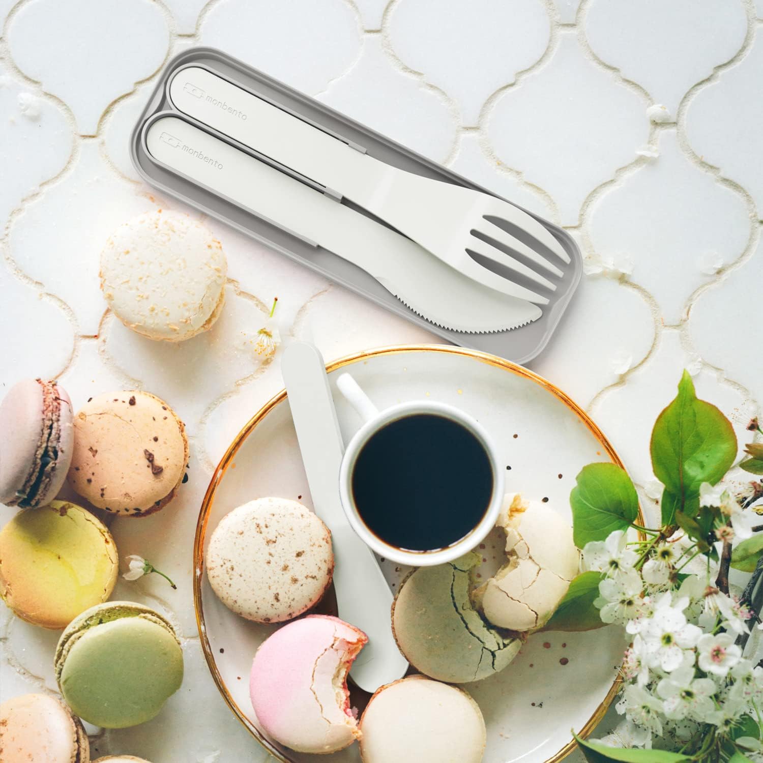 MONBENTO - Cutlery Set for Lunch Box MB Pocket Natural - 3 Pieces Fork Knife Spoon - Flatware Set for Work/School Lunch Packing - Biodegradable Plastic - Cream