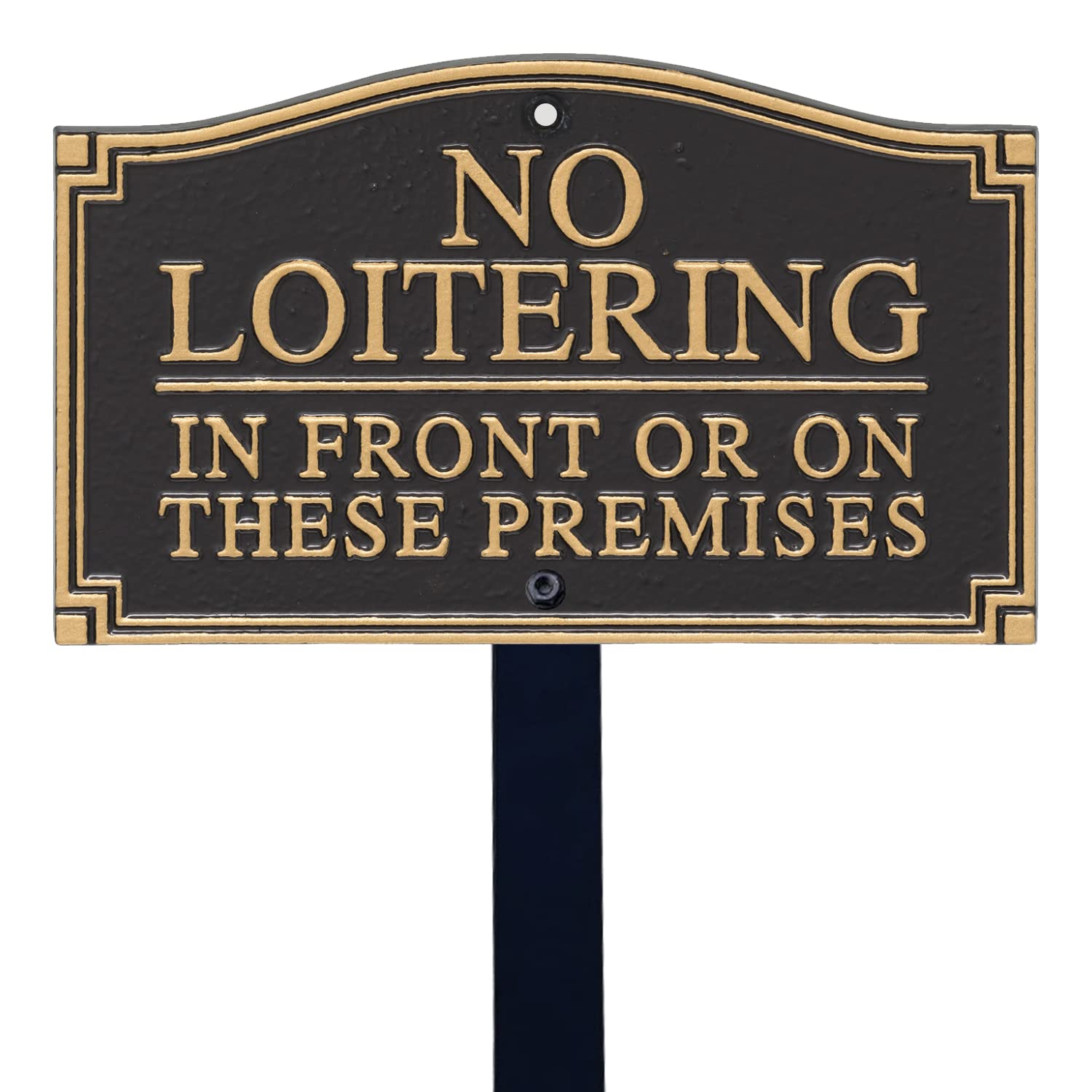SmartSign “No Loitering In Front Or On These Premises” GardenBoss Statement Plaque | 5.75" x 9.5" Aluminum Plaque with 18" Black Lawn Stake