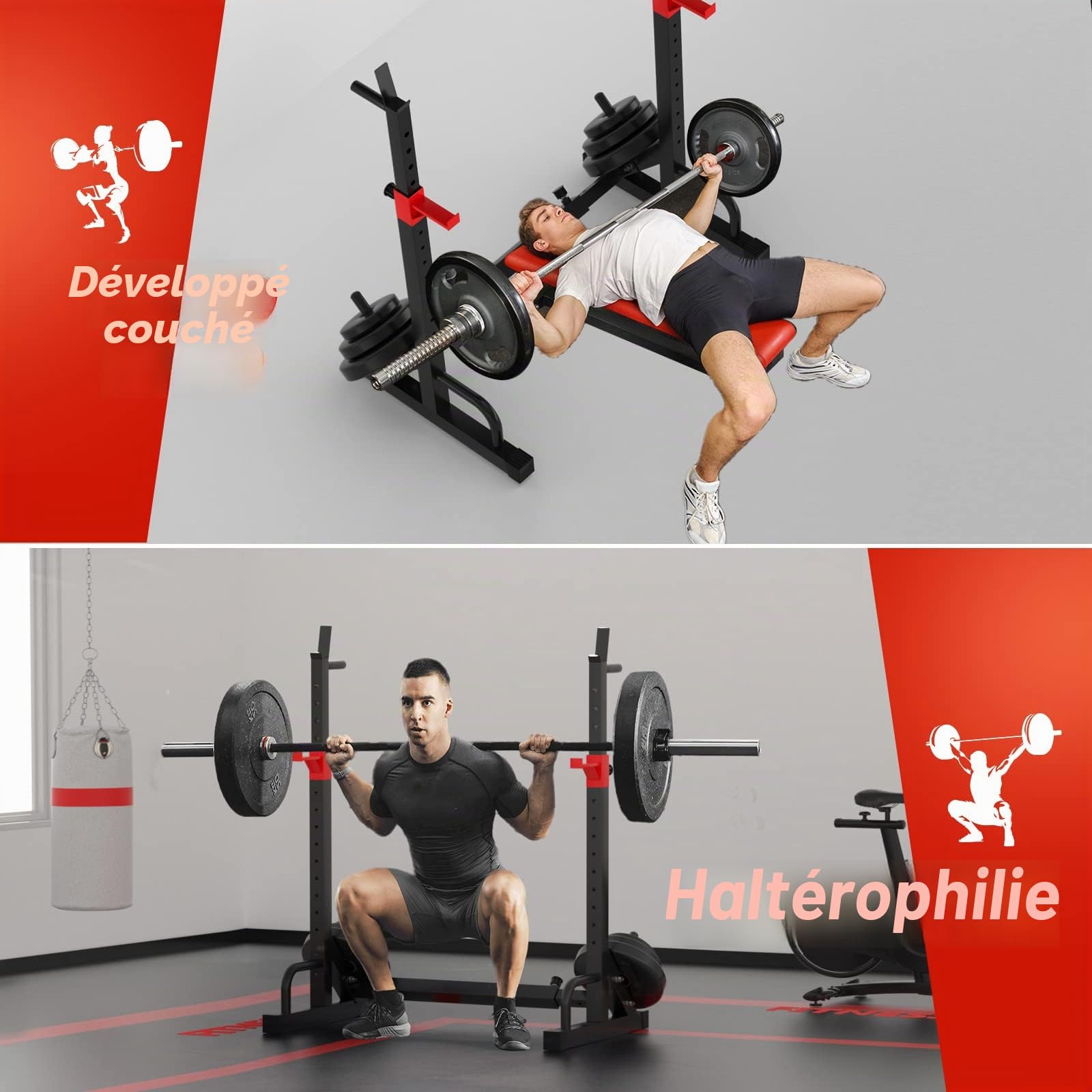 FONBEAR Support réglable pour Squat, Barre d'haltères, Station de Musculation réglable, Banc de Presse réglable, Charge maximale de 300 kg, Multifonction pour haltérophilie à la Maison