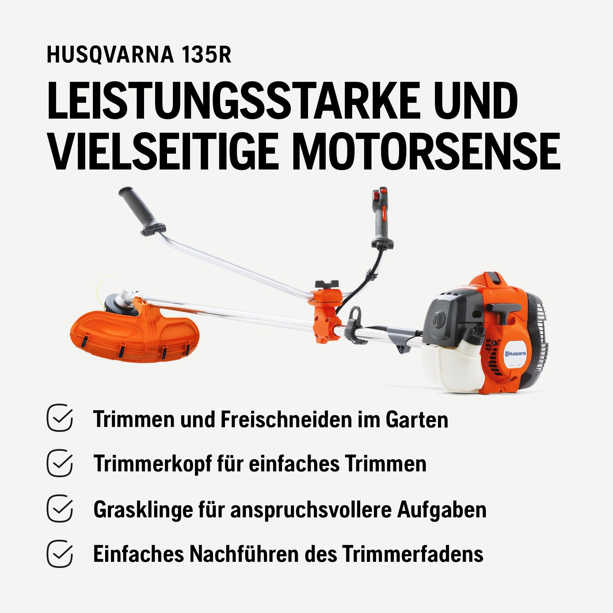 Husqvarna 135R Benzin-Freischneider mit Bullhorn-Griff | 34,6-cm³-X-Torq®-Motor, 47 cm Schnittbreite, inklusive Schneidfaden