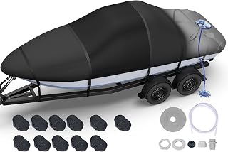 Heavy Duty Boat Cover 23'-24', 1400D Middle Reinforced Waterproof Polyester Canvas, Trailerable Boat Cover with Fast Drainage Kits Fit 23-24ft V-Hull/Tri-Hull/Runabout/Bass Boat/Fish & Ski, Black