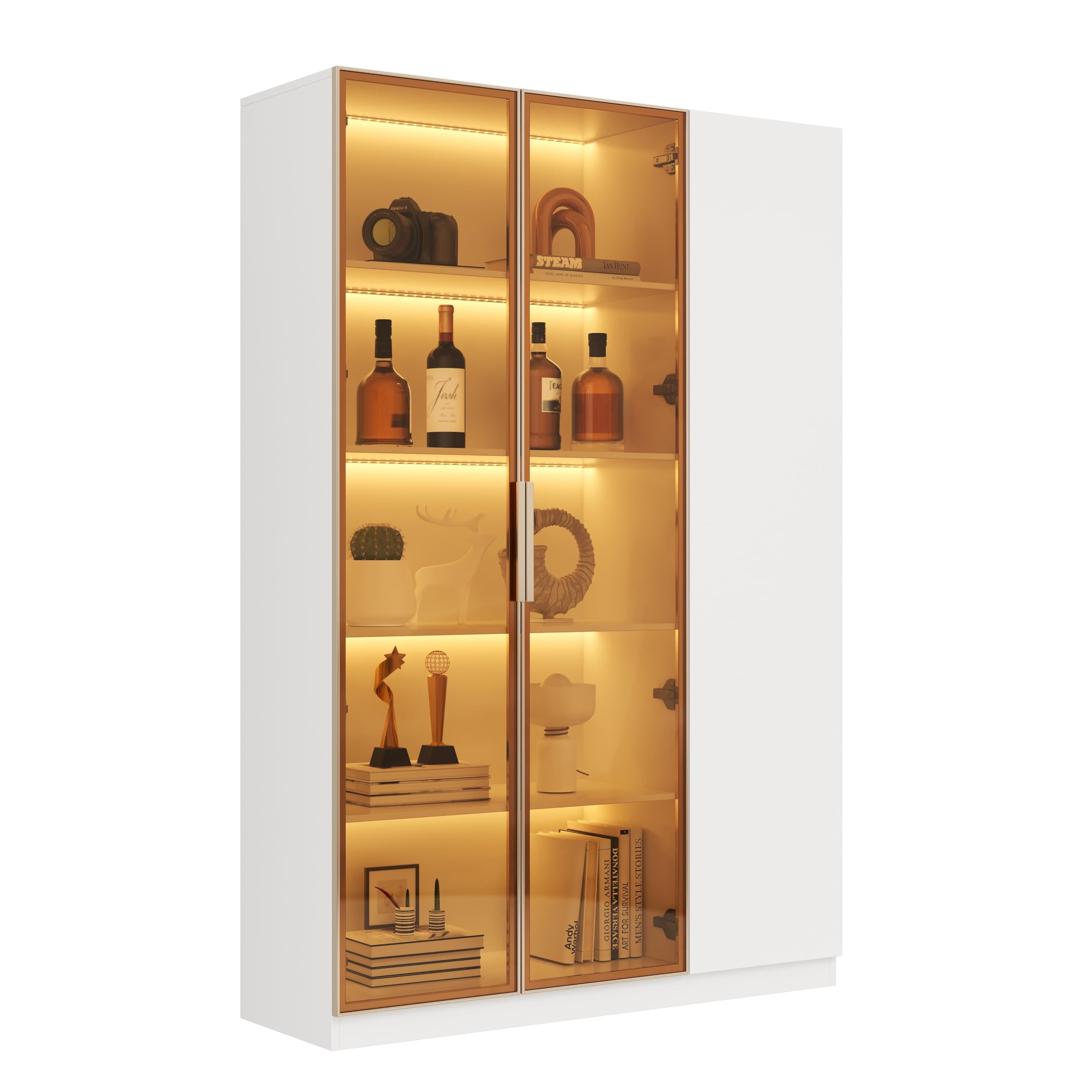 Glasvitrine Höhe 165 cm mit 3 türiger Vitrinenschrank mit Sicherheitsglas, Verstellbaren Einlegeböden und Kippschutz, Ambientemodus, Bücherregal Weinschrank für Wohnzimmer, Weiß