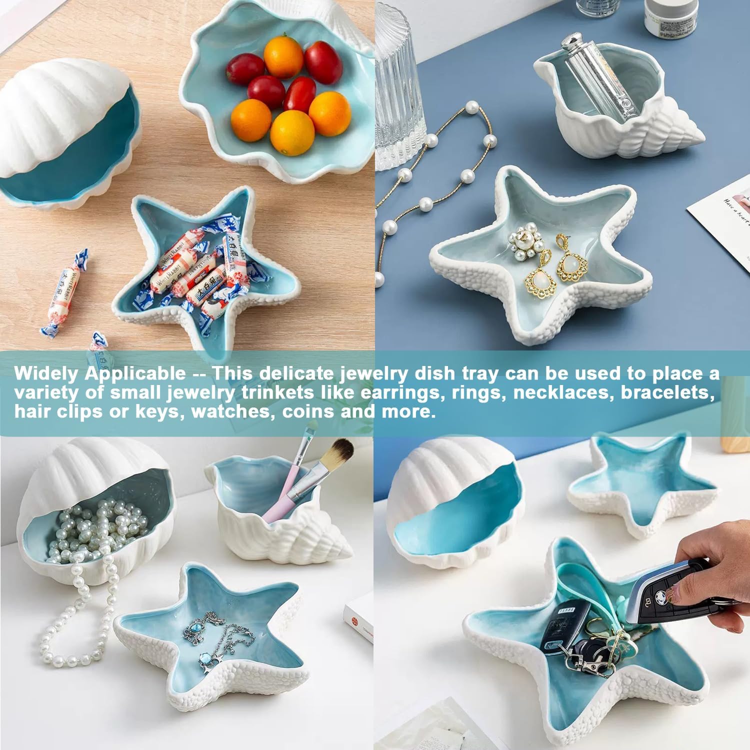 2 Pack Ceramic Jewelry Tray Starfish Conch Shape Aqua Shell Trinket Plate Ceramic Conch Shell Decorative Jewelry Dish Tray Earring Rings Bracelet Holder for Dresser, Entryway, Bedroom Decor - Image 7