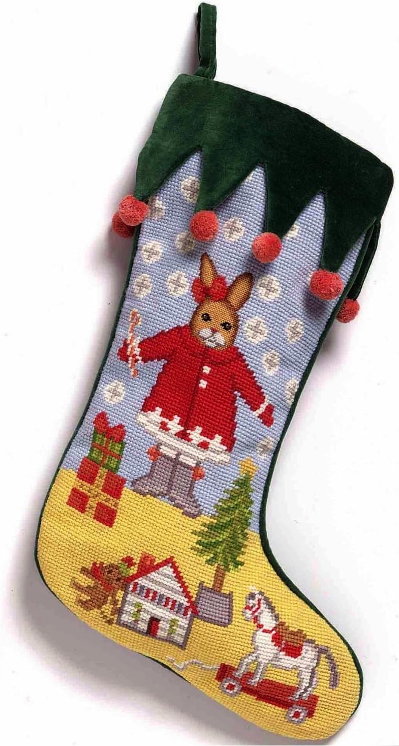 Candy Cane Bunny Rabbit Girl with Toys Christmas Stocking, Wool Needlepoint, Green & Red, 17 Inch X 11 Inch