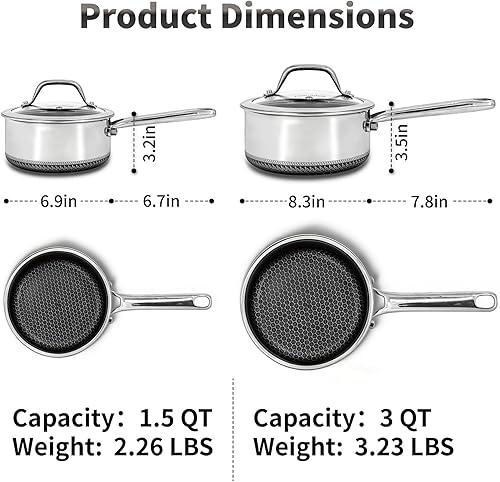 Miniatura 2 de Juego de 2 cacerolas antiadherentes híbridas con tapas de 1.5 cuartos de galón y 3 cuartos de galón, sartenes de panal de acero inoxidable con