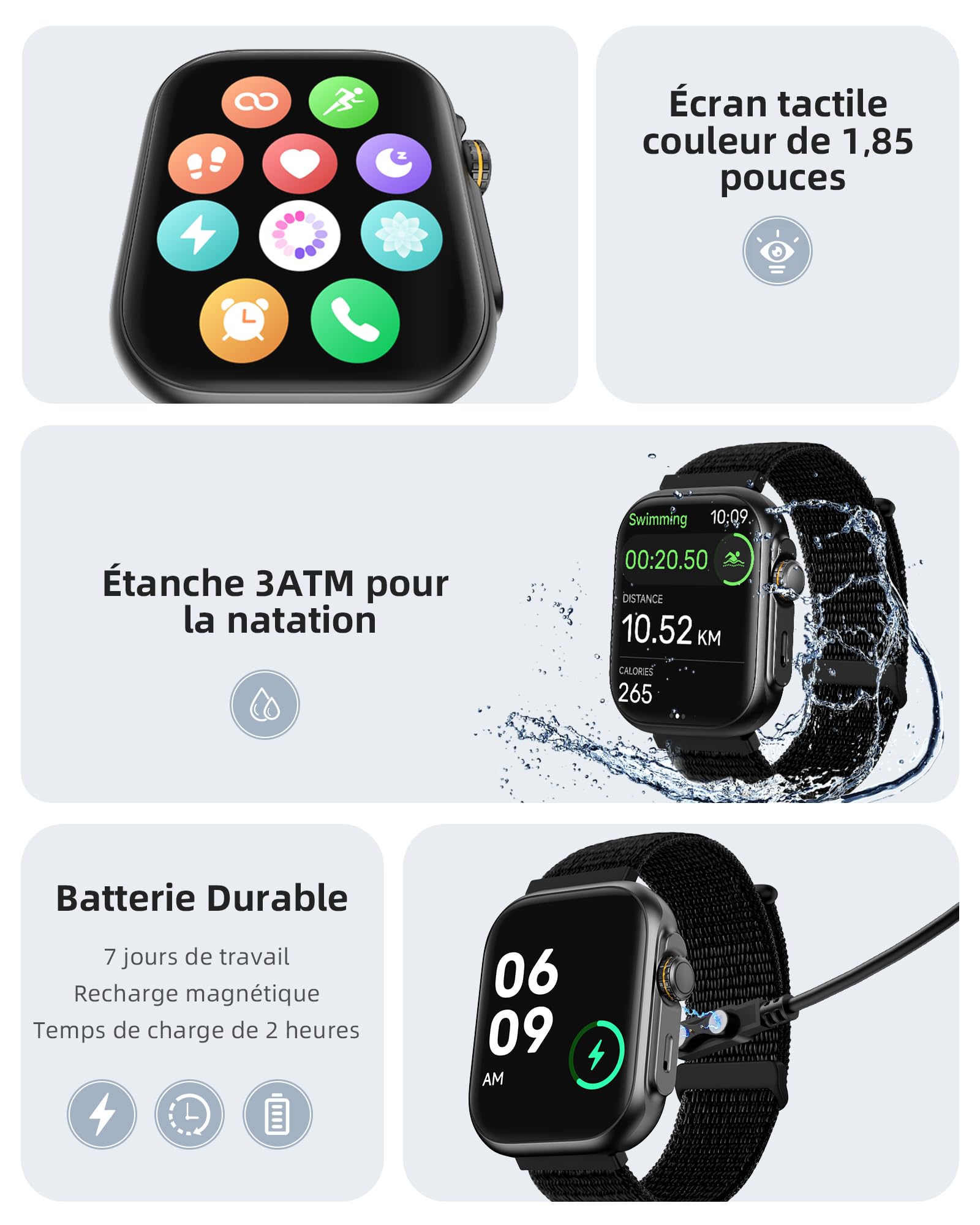 Parsonver Montre Connectée Homme Femme avec Appels Bluetooth, Smartwatch avec GPS, 3ATM Étanche, 1,85" Montre avec 100+ Sports,Fréquence Cardiaque,Sommeil,Montre Intelligente pour Android & iOS