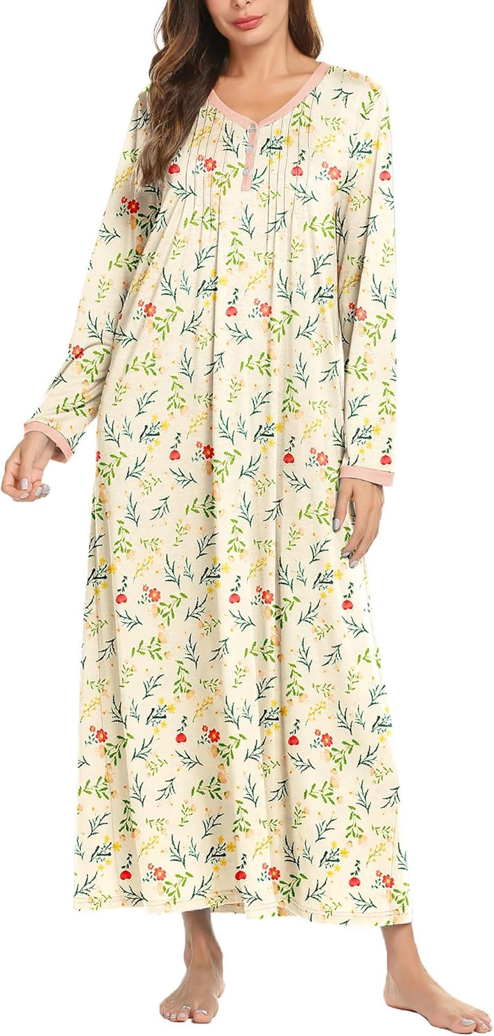 Ekouaer Women's Long Sleeve Nightgown Full Length Sleepwear Long Sleepshirts Henley Sleep Dress S-4XL