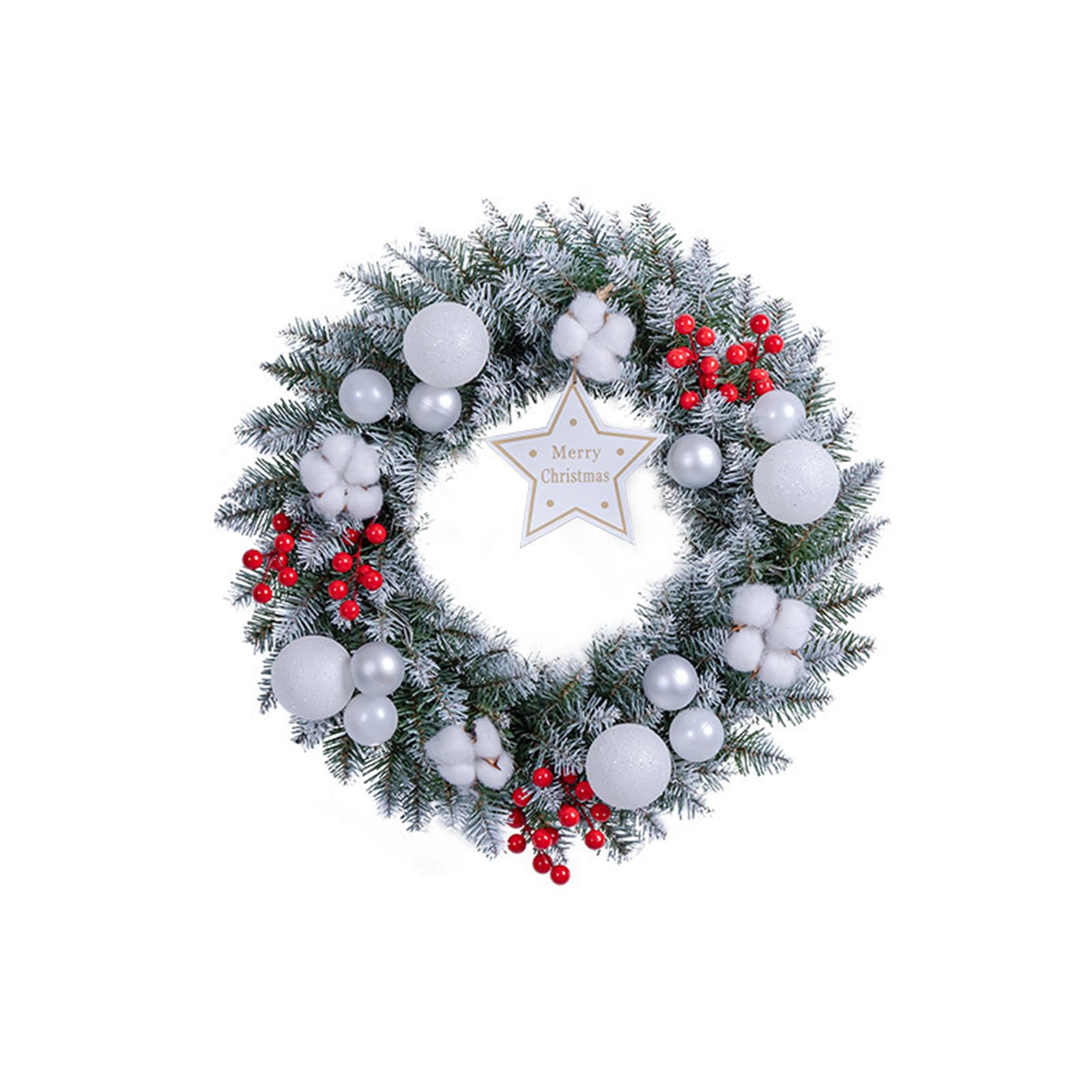 Christmas Wreath with Red Berries Flocking Pine Needles & Balls Front Door Wreath Indoor Outdoor Decoration (White, 50cm)