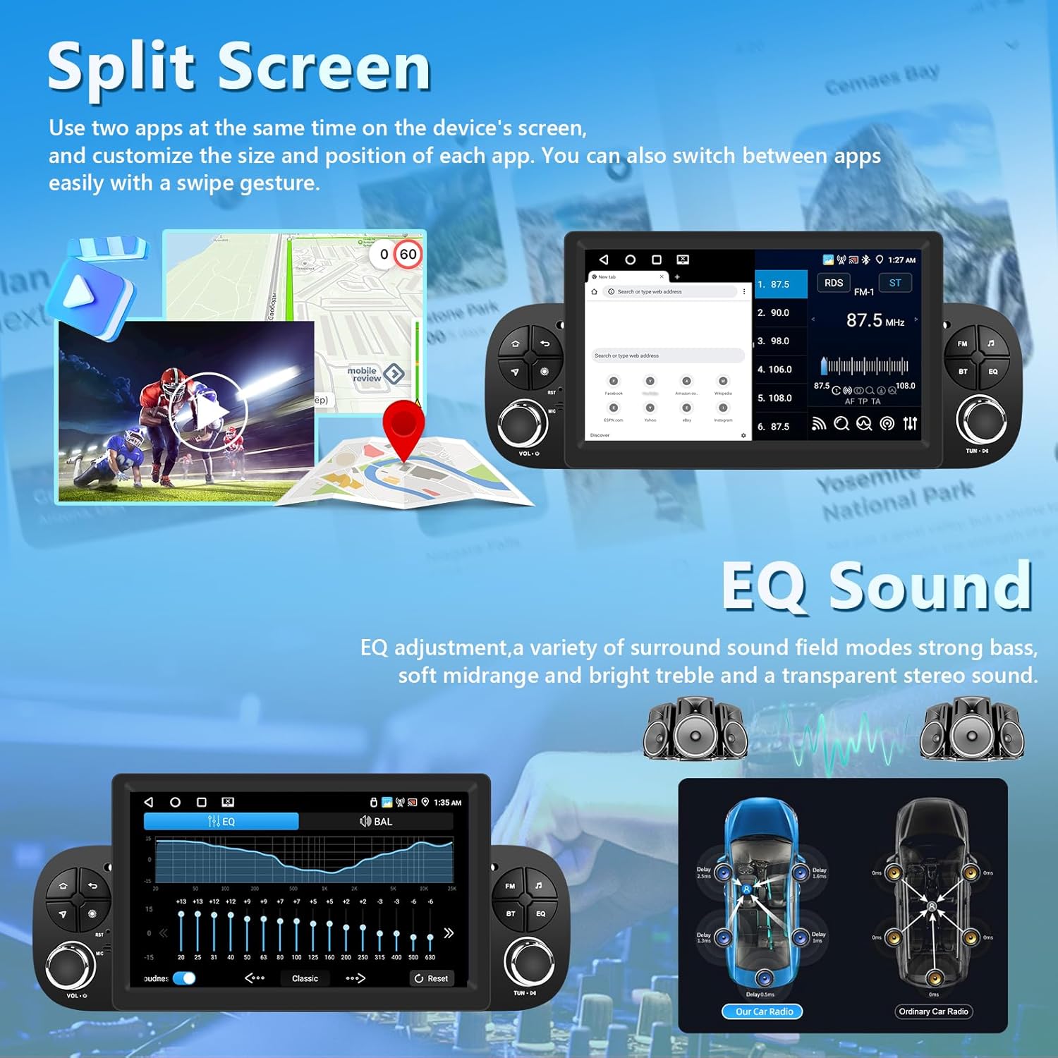 Image showing the car stereo in split-screen mode and an equalizer interface for sound adjustment.