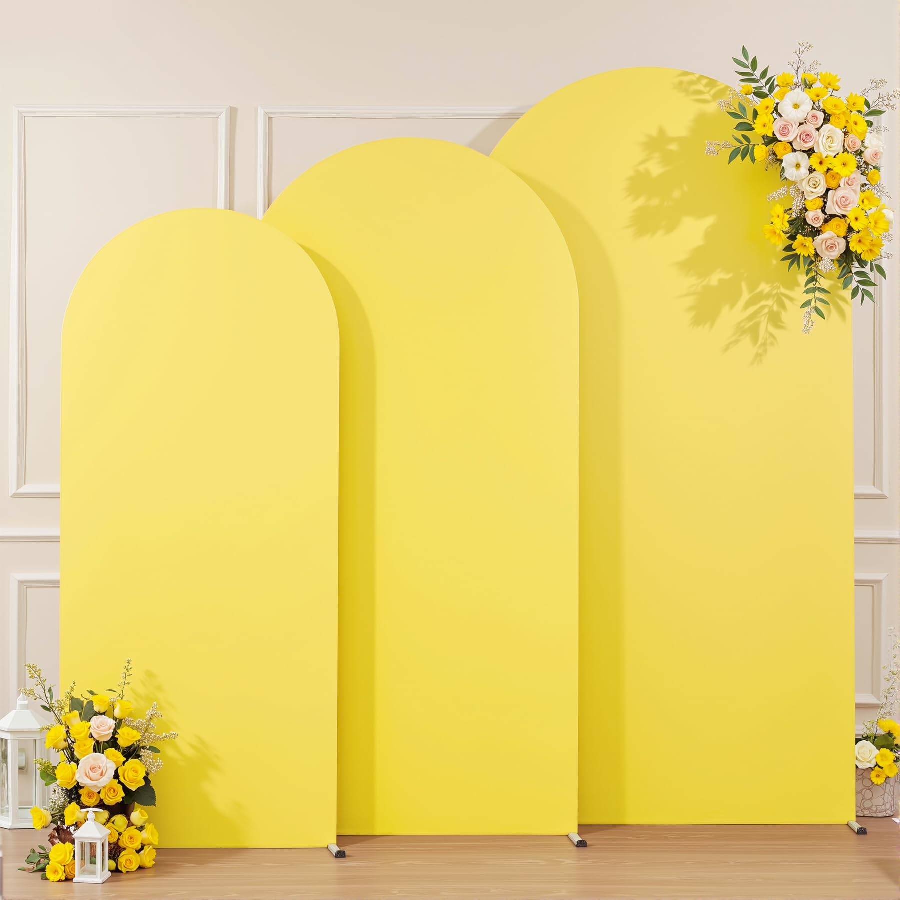 Lot de 3 housses de toile de fond en forme d'arche jaune de 2,2 m, 2 m, 1,8 m, extensibles pour fête de mariage, fête prénatale, anniversaire, photographie en élasthanne, rideaux décoratifs