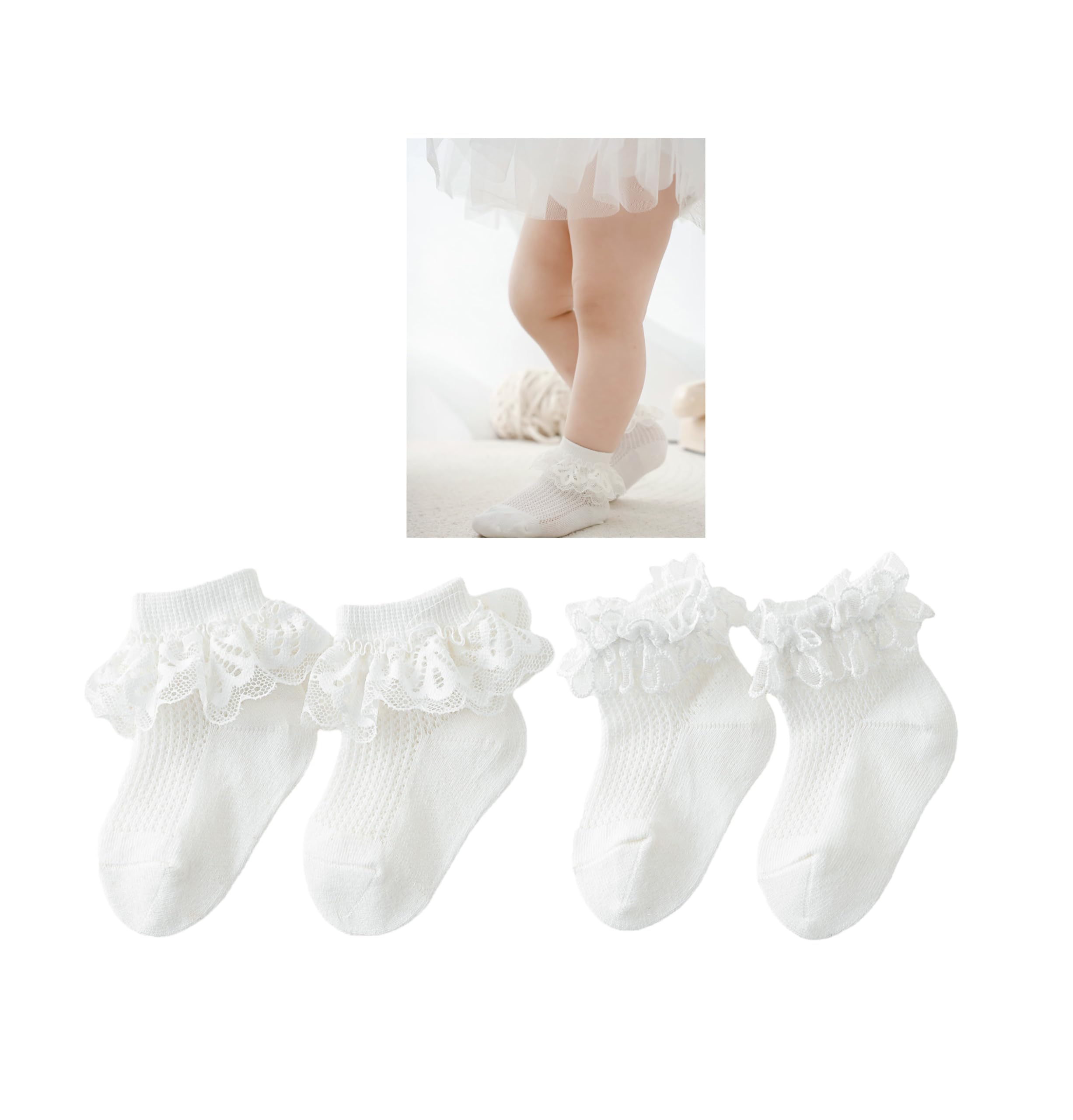 LDDCX 2Pairs Girls Mesh Ruffle Lace Trim White Cotton Socks Frilly Ankle Socks Princess Style Dress Socks.(WZ12) (1-2 Years, White)