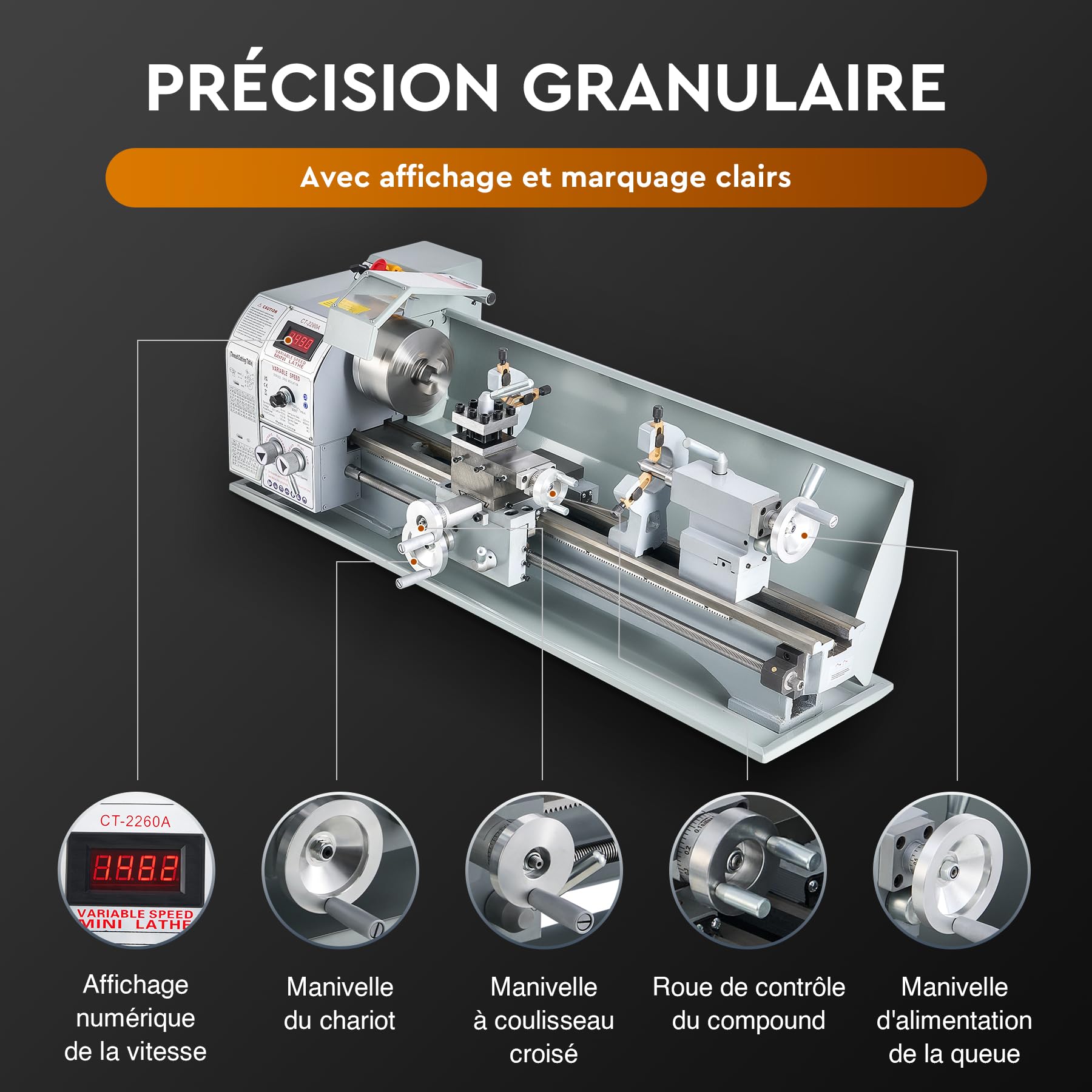 CREWORKS 1100W Mini Tour à Métaux d'Établie 220x600mm 9"x24" Haute Précision avec Mandrin à 3 Mâchoires et Vitesse de Broche Max. 3000 tr/min Écran LCD pour Filetage Tournage Perçage