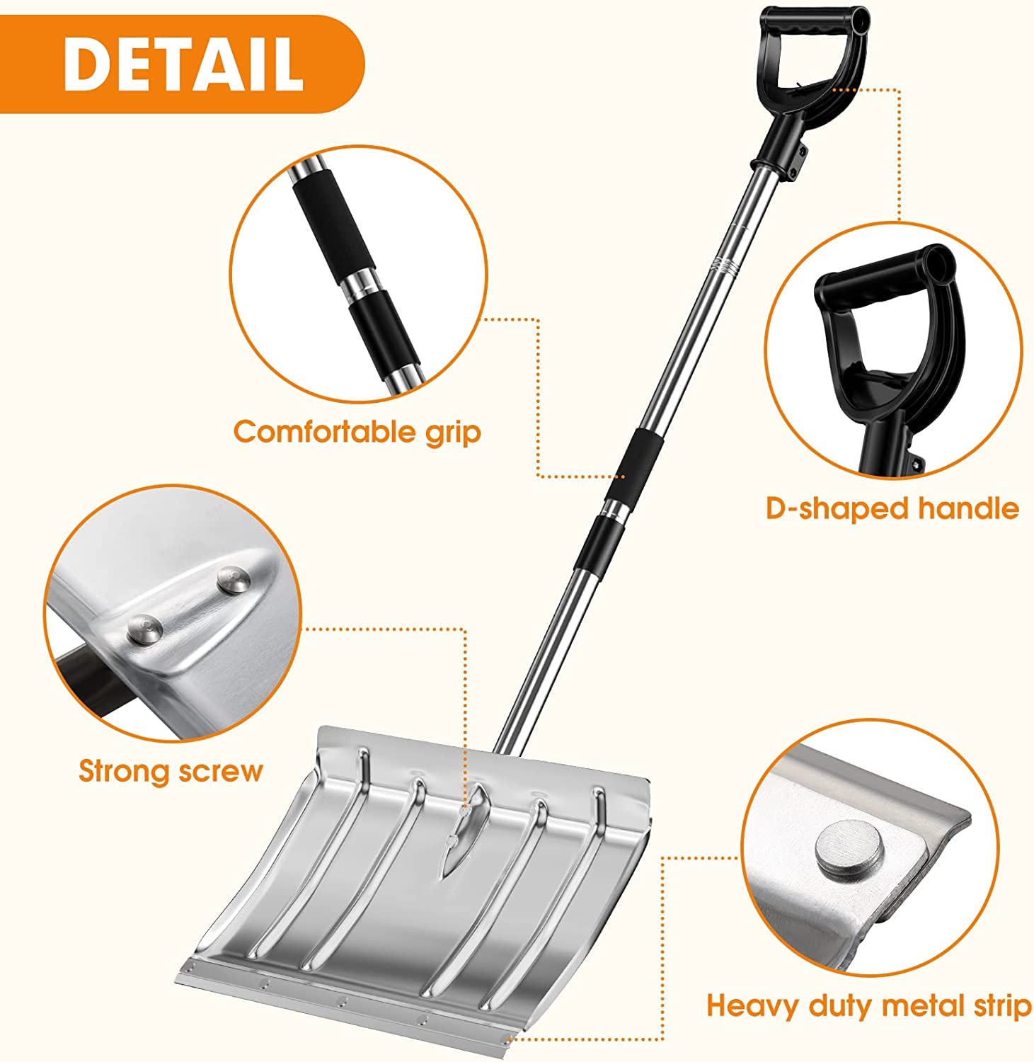 Pala de Nieve de Aluminio, 42 * 32cm Pala Quita Nieve con Borde Reforzado de Acero Inoxidable y Aluminio con Mango en D