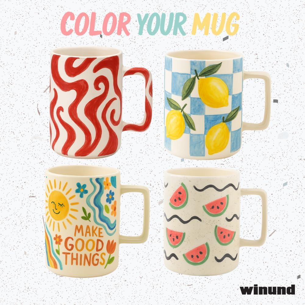 Winund – Set de 2 Tazas para Pintar con Pinturas Cerámica (12 Colores Pastel + Estándar), Pinceles, Esponja e Instrucciones – Manualidades Creativas y Regalo Original para Adultos y Niños