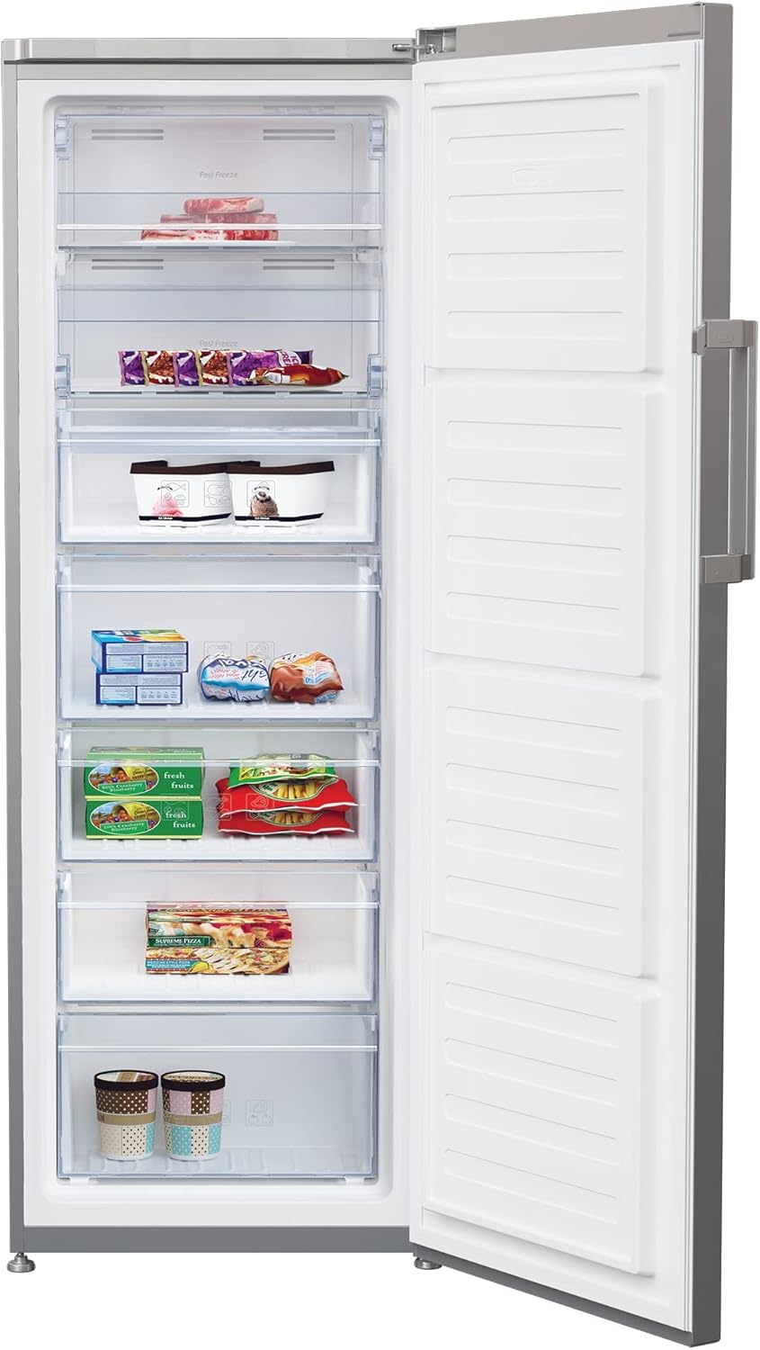 Interior view of the Beko RFNE280E13S upright freezer with multiple transparent drawers filled with various frozen food items.