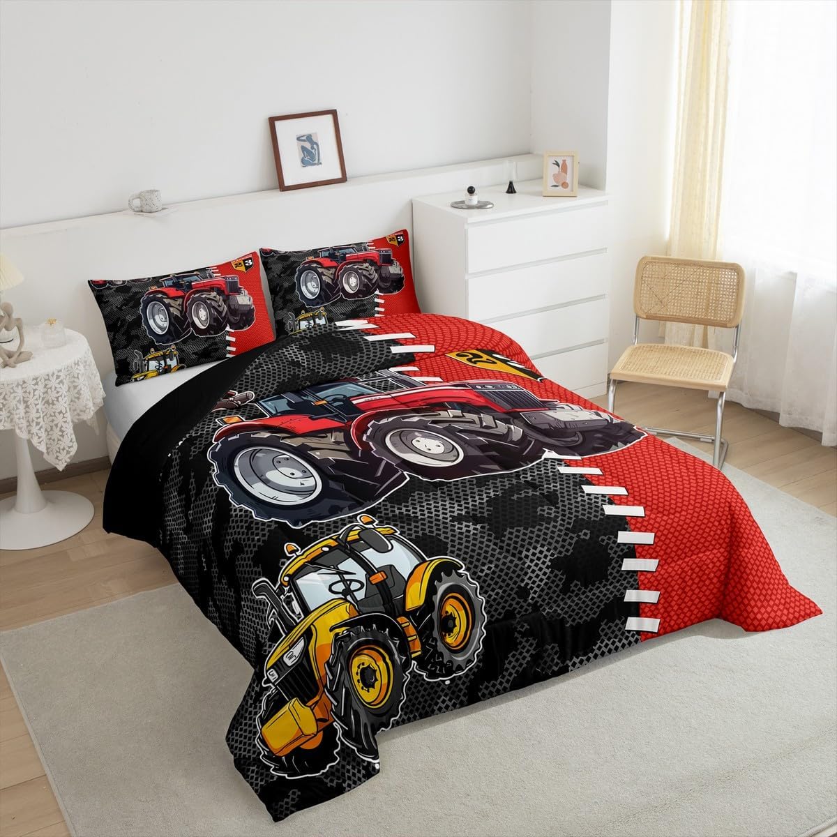 Cartoon Tractor Kids Comforter Set,Yellow Red Construction Vehicle Bedding Sets for Boys Teens Adults,Red Plaid Gray Black Camo Comforter Duvet Set with 1 Pillowcase Twin Size 2 Pcs