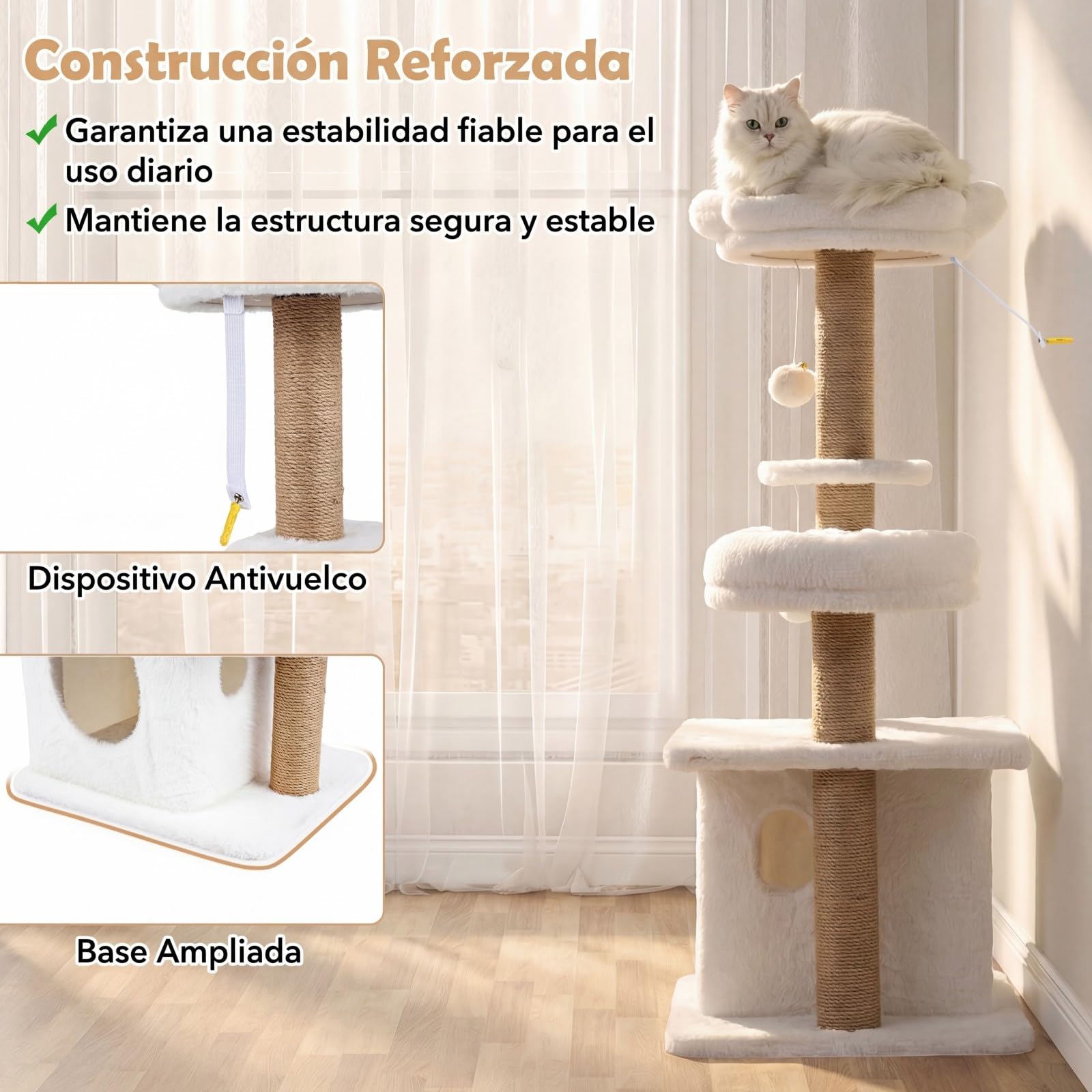 COSTWAY Árbol Rascador para Gatos, Torre para Gatos con Percha Superior Acolchonada en Forma de Flor, Condominio y Cama, 2 Bolas Colgantes con Cascabel y Postes, Mueble Multinivel para Escalar (Beige)