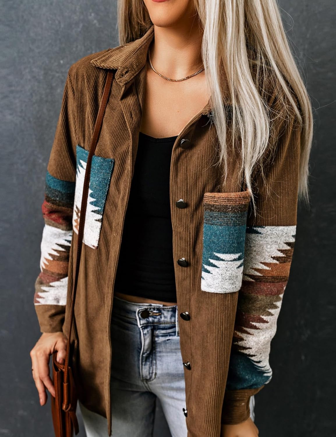 Perbai Womens Corduroy Flannel Shirt Long Sleeve Button Down Aztec Loose Shacket Jacket with Pockets - Image 5