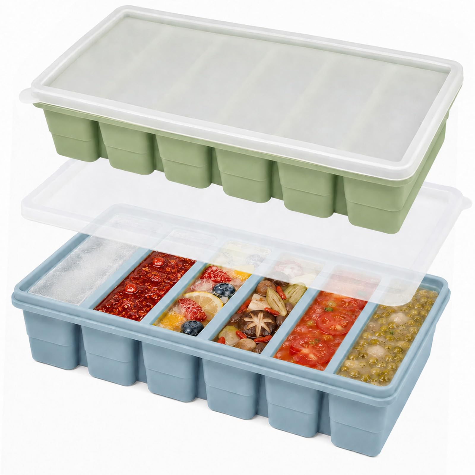 2 Pack Silicone Soup Freezer Containers with Lids, Large Ice Cube Tray, Portion Freezer Moulds for Soup, Sauce, Broth, Leftovers, Makes 12 Portions Cubes, Green & Blue