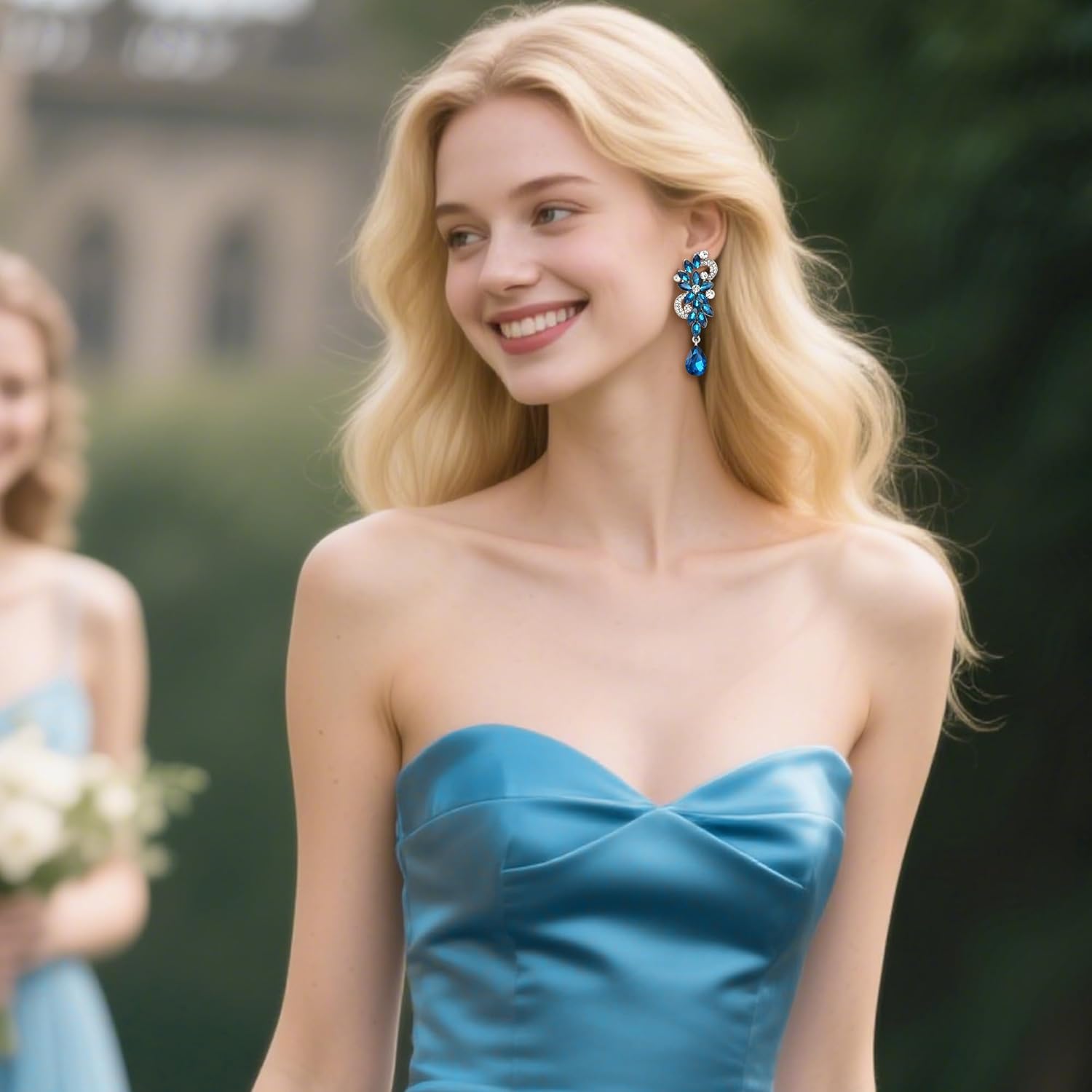 BriLove Women's Bohemian Boho Crystal Flower Wedding Bridal Chandelier Teardrop Bling Clip-On Dangle Earrings - Image 3