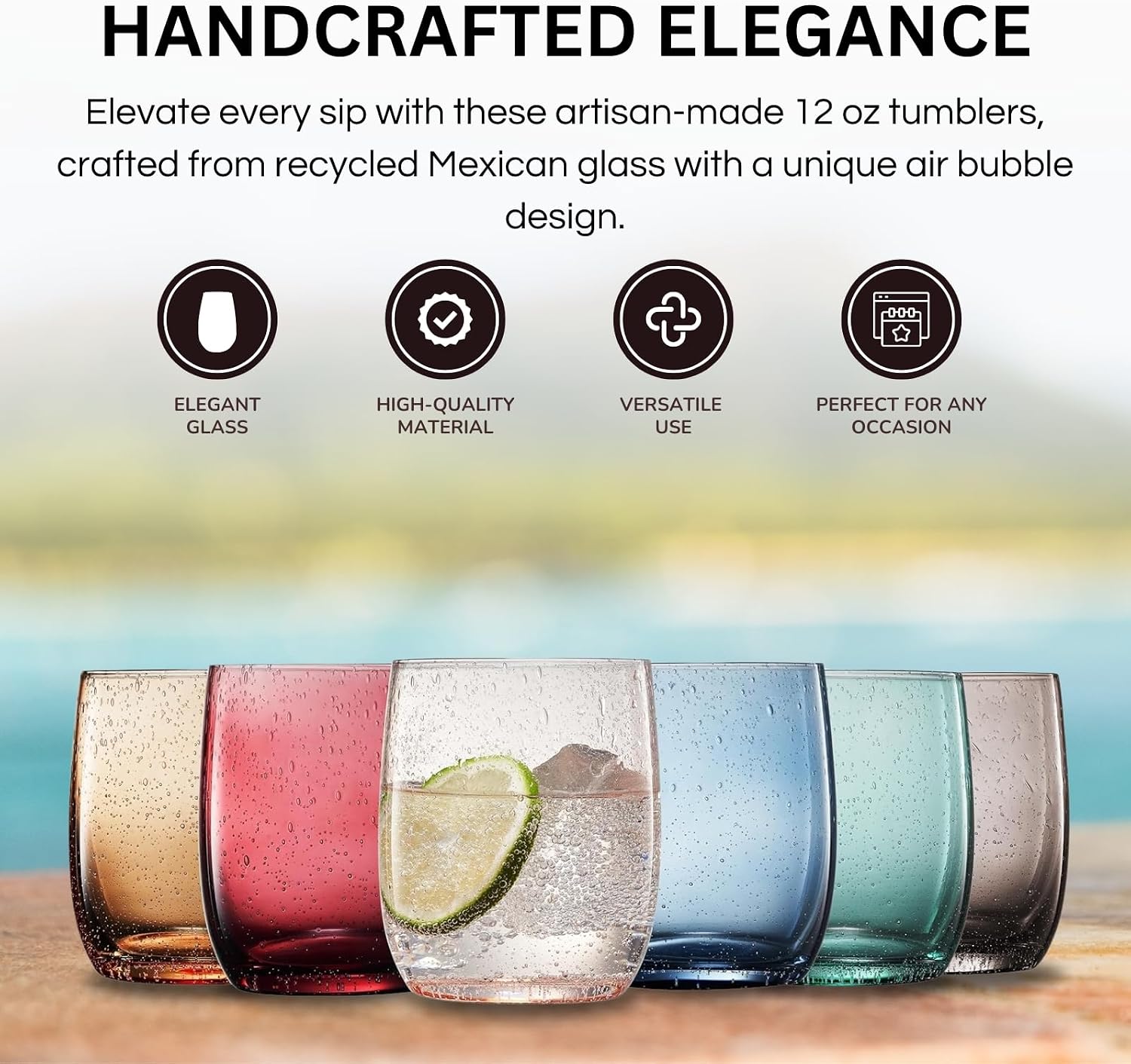 Khen Recycled Glass Drinking Glasses, Set of 6 Colored Bubble Drinking Glass – Handcrafted Mexican Tumblers (12 oz) – Vintage Design for Water, Cocktails, Juice – Unique Color Drinkware Gift