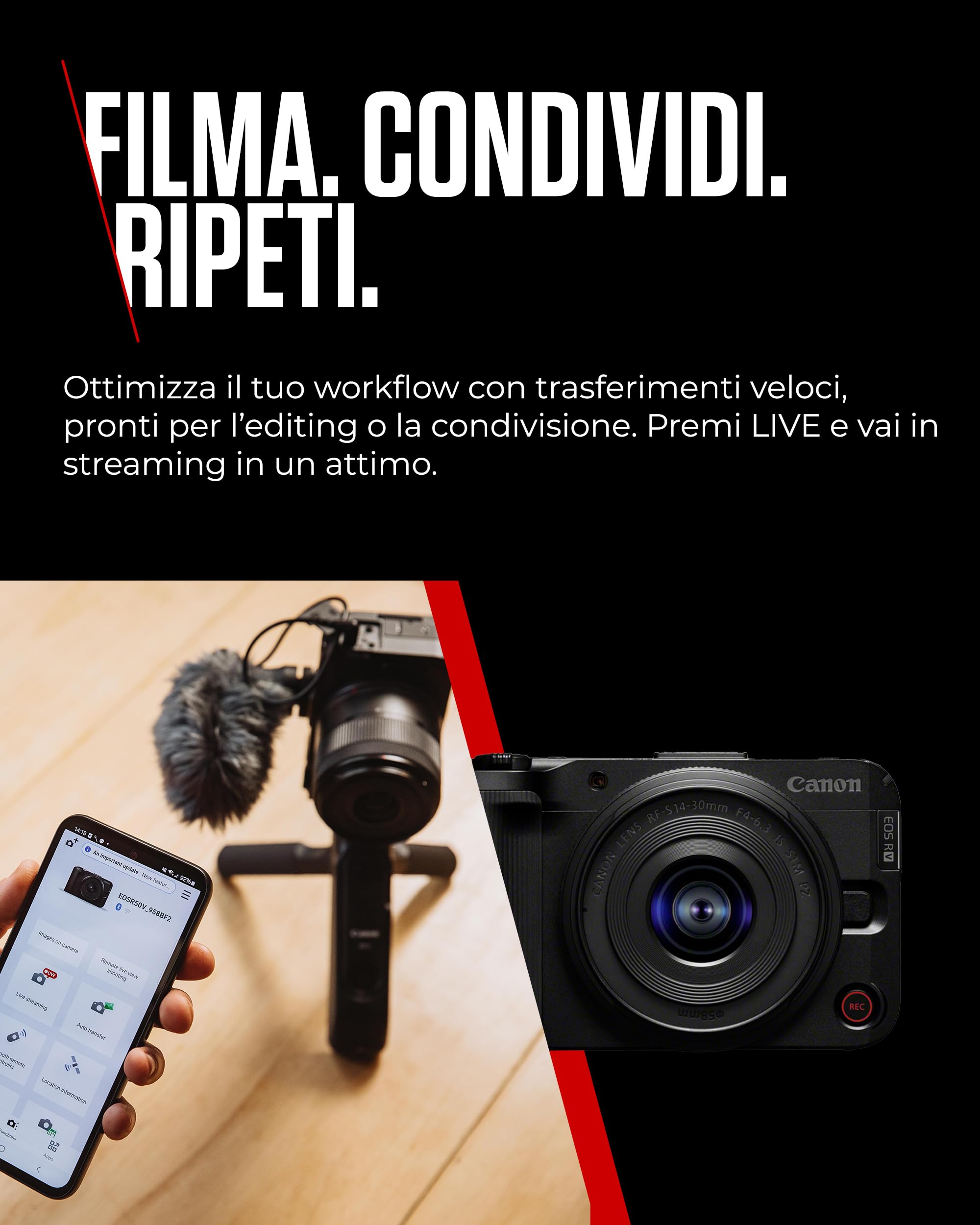 Canon EOS R50 V + RF-S 14-30mm F4-6.3 IS STM PZ – Fotocamera Digitale per Vlogging Compatibile con Obiettivi Canon RF | Attrezzatura per Content Creator, Vlog e Viaggi | Connettività Bluetooth