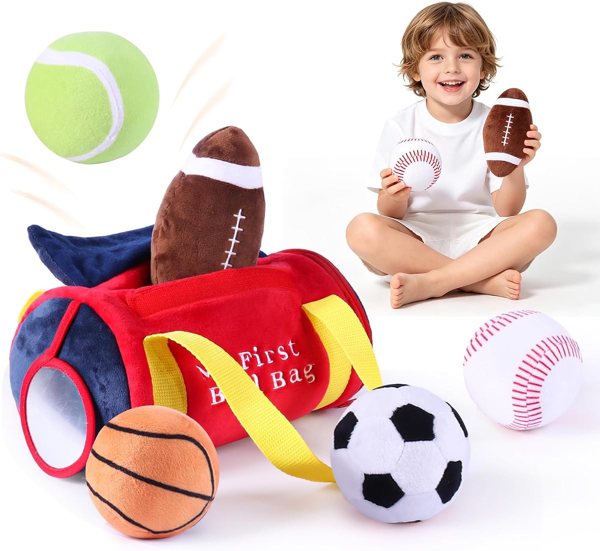 My First Sports Bag, Sensory Ball for Baby boy Toys 0-12 Months | Soft Plush, 5 Rattle Balls,Squeaker, Mirror, Newborn Toy for 0-3-6-9-12 Month, 1st Birthday Boy Girl Gifts