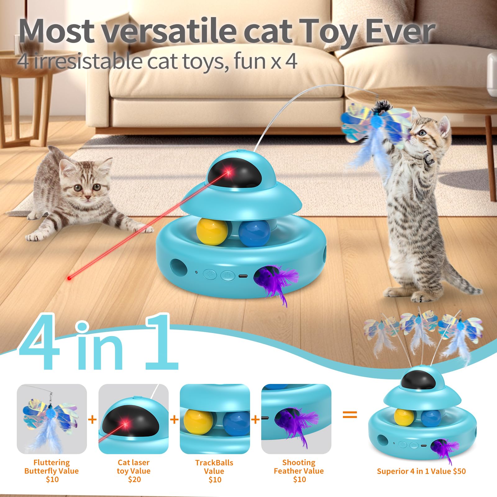 MOHAYA Jouets pour chat, jouet automatique 4 en 1 pour chats adultes ennuyés d'intérieur, papillon volant électrique, Whack a Mole, balles de piste en plumes, bleu