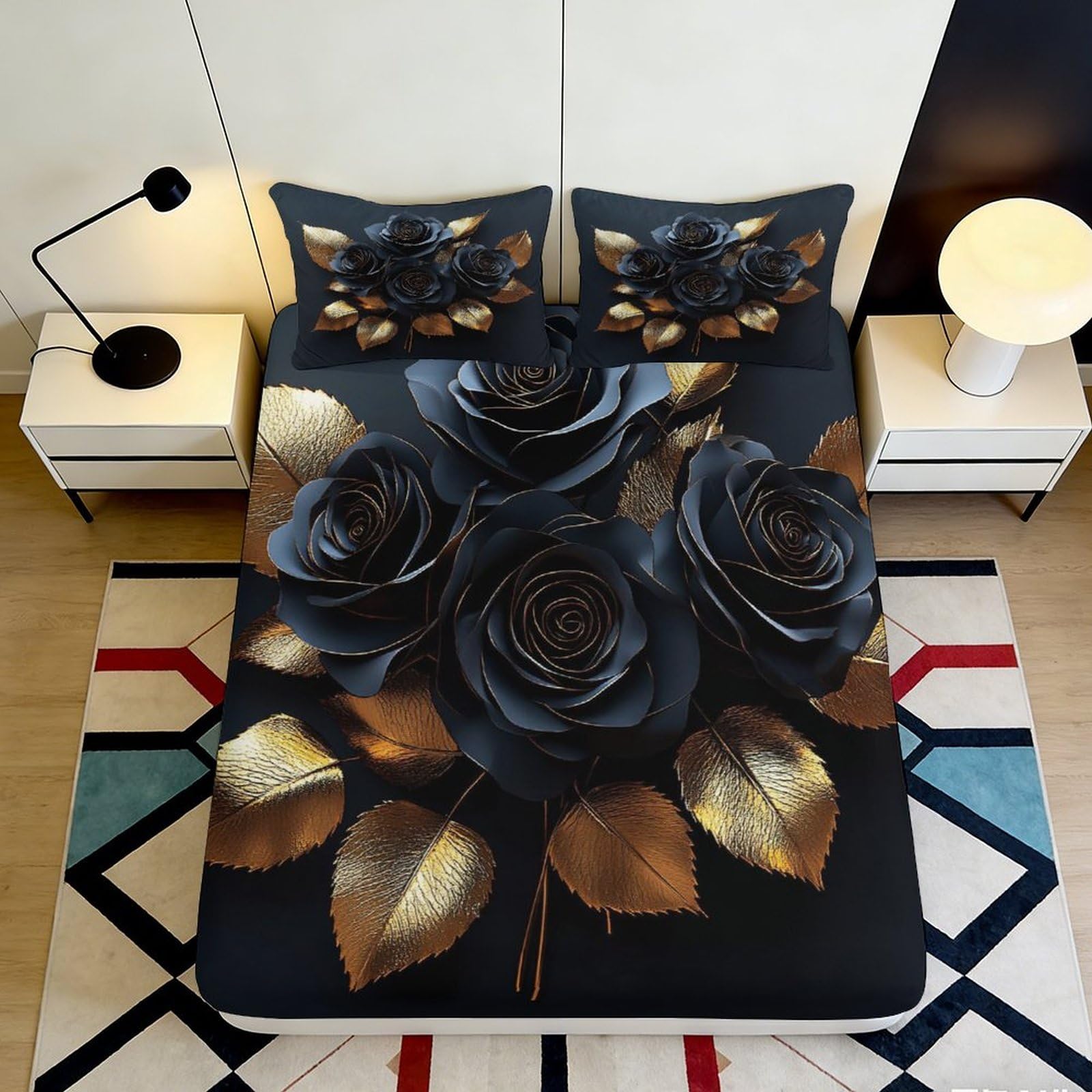 3D Printed Black Rose Fitted Sheet, Microfiber Soft Touch, Gold Leaf Bed Cover, Home Decor, Wrinkle Resistant, Apartment Bedding 90x200x25cm