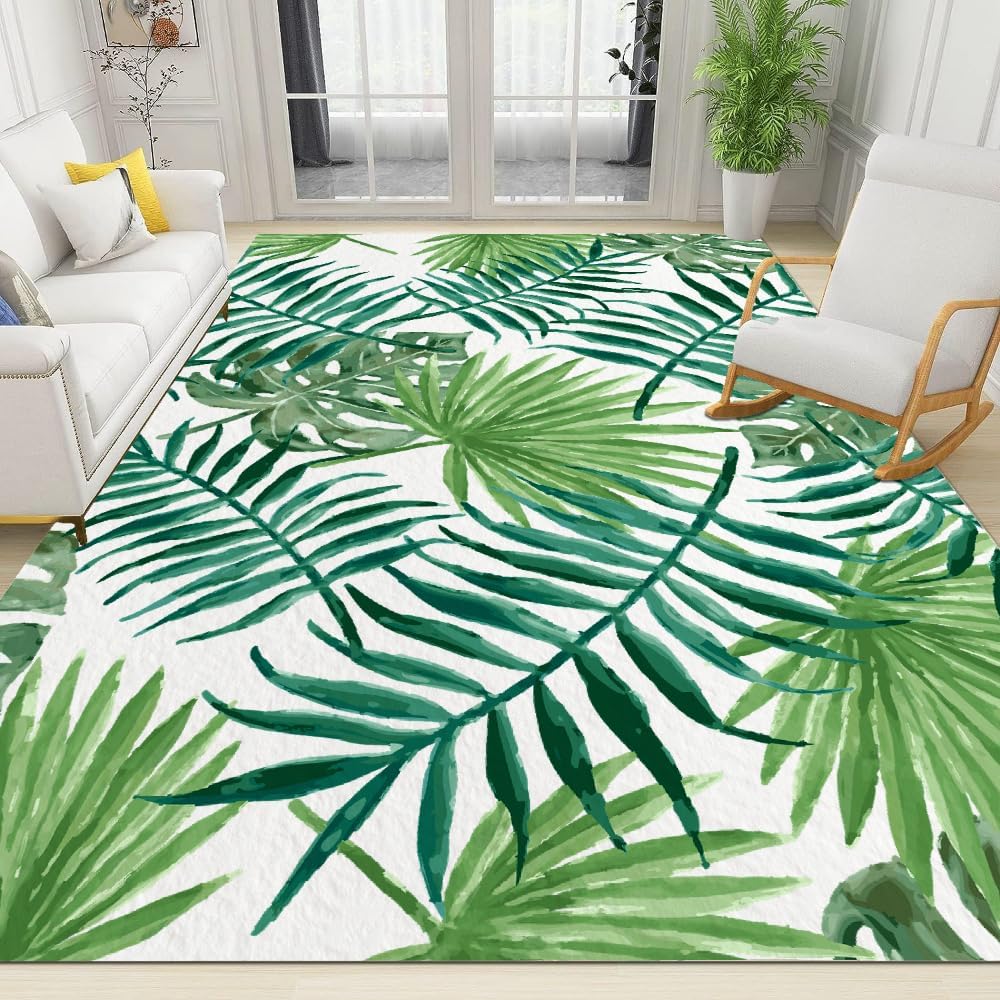 GIRTFU Green Tropical Plants 3D Area Rugs 5x7 Palm Leaf Print Decorative Rugs for Bedroom Aesthetic, Floor Mats Non Slip Soft for Living Room Hardwood