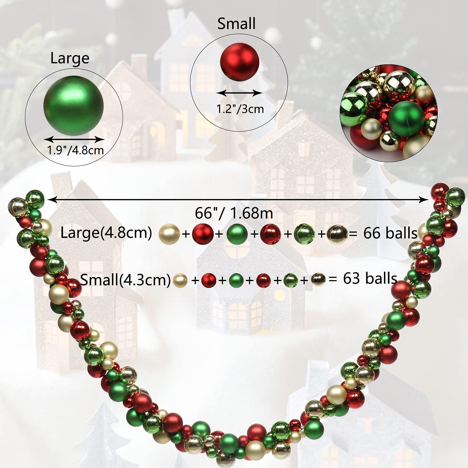 6 FEET Christmas Ball Garland Ornaments Shatterproof Xmas Hanging Balls Decorations for Home Indoor Outdoor Mantel Holiday Party Wedding Tree - Red Green Gold