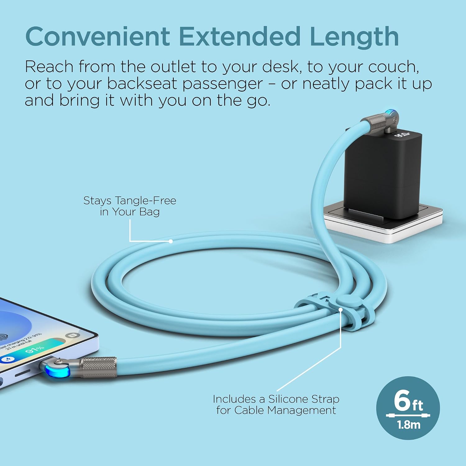 HyperGear USB C to USB C Cable (6FT) Type-C 100W Fast Charger Cable180° USB C Rotating Connectors Silicone Cord for iPhone, Android Phones,Tablets, Laptops, & More (Blue)