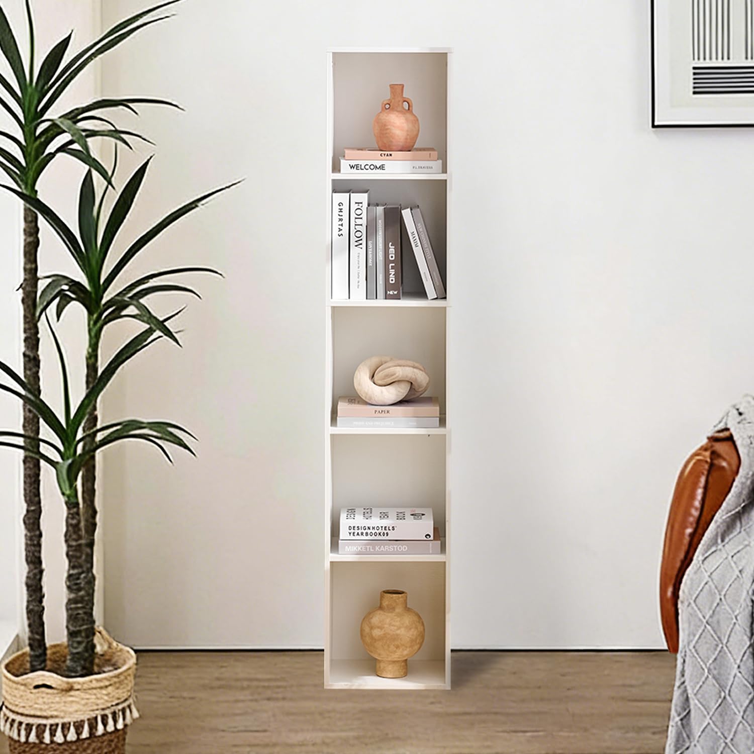 Tall Narrow Bookshelf, 5-Cube Wood Bookcase with Open Storage Shelf, 9.3 x 12 x 60 Inches, CD DVD Slim Storage Cabinet, for Small Space, Living Room, Home Office, White