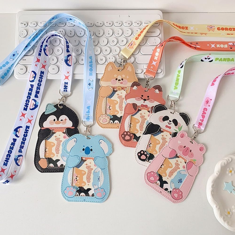 PU ID Card Holder with Lanyard - Transparent Badge Holder for Campus Access,Cute Design(Green)