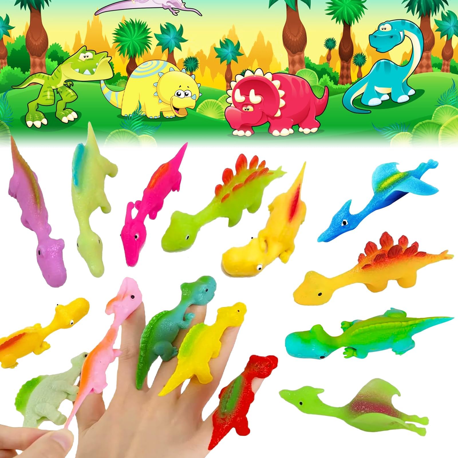 Yumuwind 25PCS Slingshot Dinosaur Finger Toys, Dinosaur Slingshot Toys for kids, Rubber Flicking Dinosaurs, Fun Stretchy Finger Flying Dinosaur Flying Dinosaur Toys, Gifts for Kids, Random Color